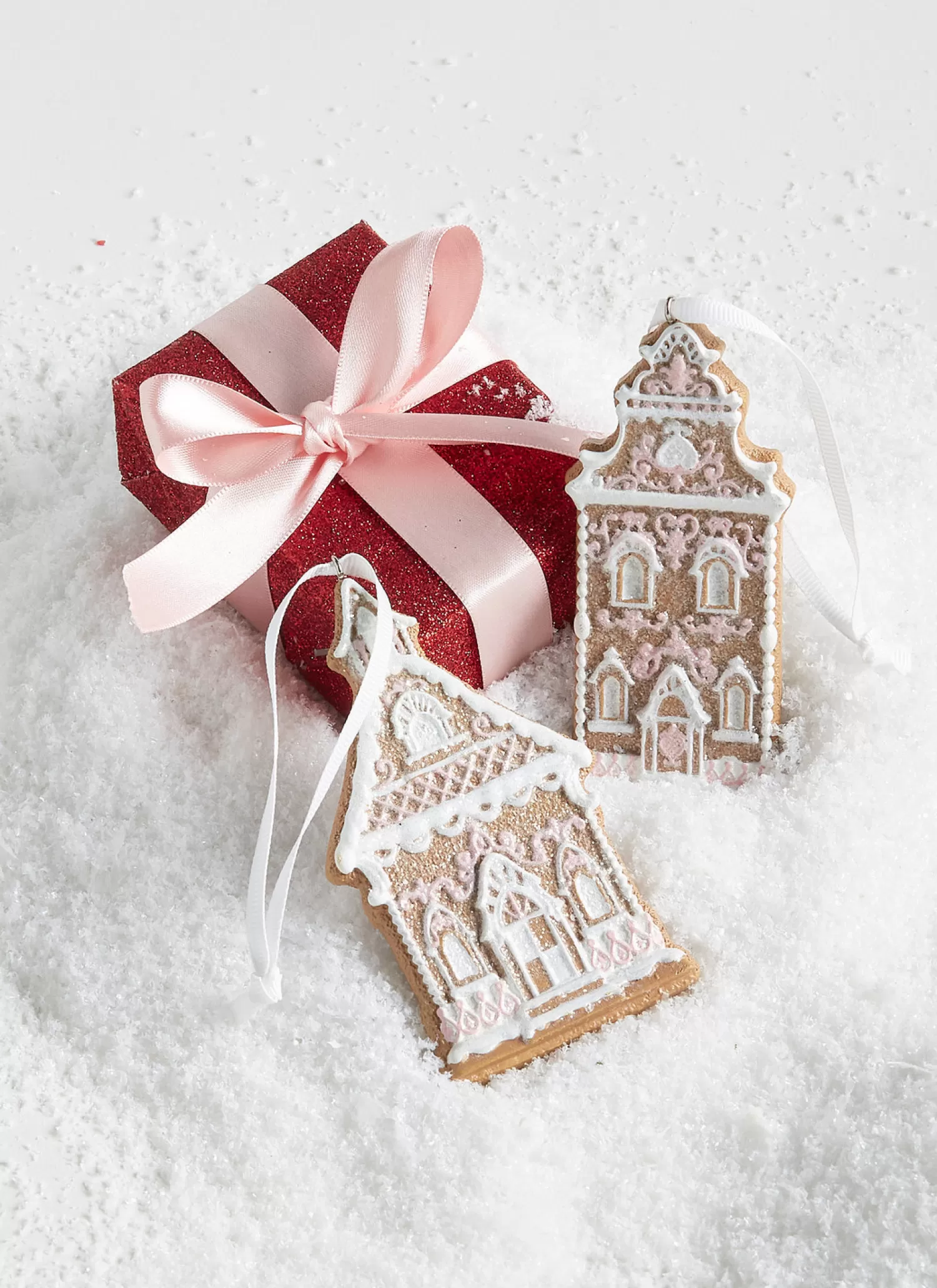 The Jolly Christmas Shop Pink Christmas Decorations | Gingerbread Christmas Decorations | Raz 4" White And Pink Gingerbread Church Christmas Ornament Set Of 2 4310202
