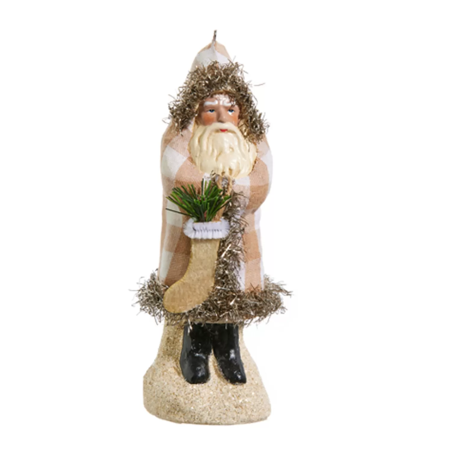 The Jolly Christmas Shop Gingerbread Lane | Gingerbread Christmas Decorations | Raz 5.75" Ivory And Tan Gingham Velvet Santa Christmas Ornament 4412508