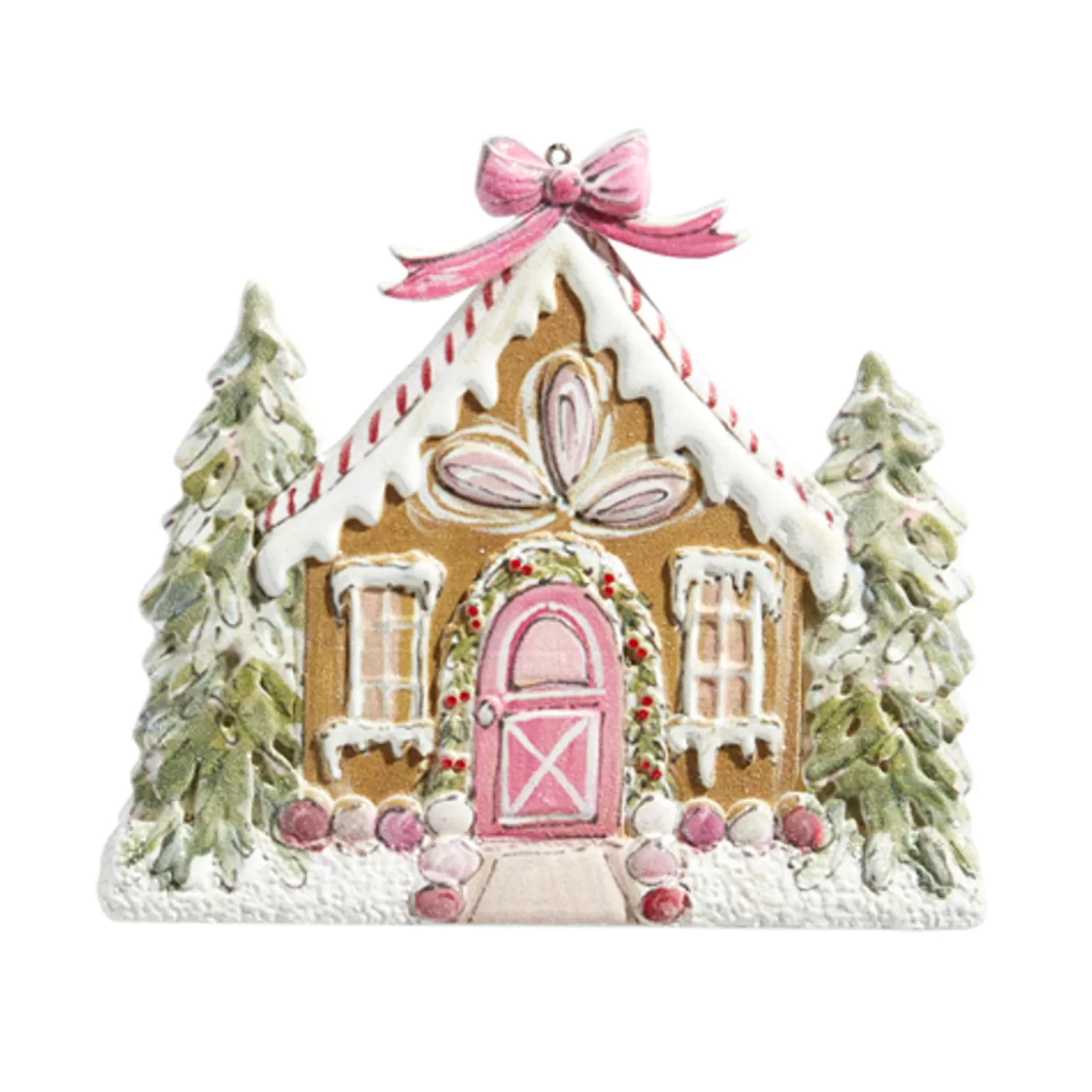 The Jolly Christmas Shop Gingerbread | Gingerbread Lane | Raz 5.75" Pink Gingerbread House Metal Christmas Ornament 4416367