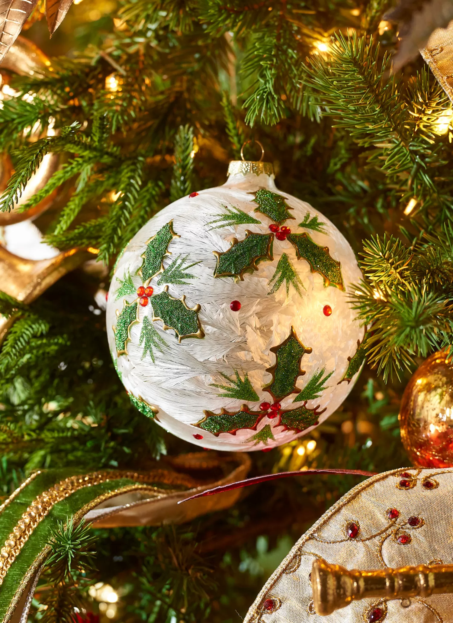 The Jolly Christmas Shop Sleigh Bells | Christmas Traditions | Raz 5" Holly Leaf Glass Ball Christmas Ornament 4322867