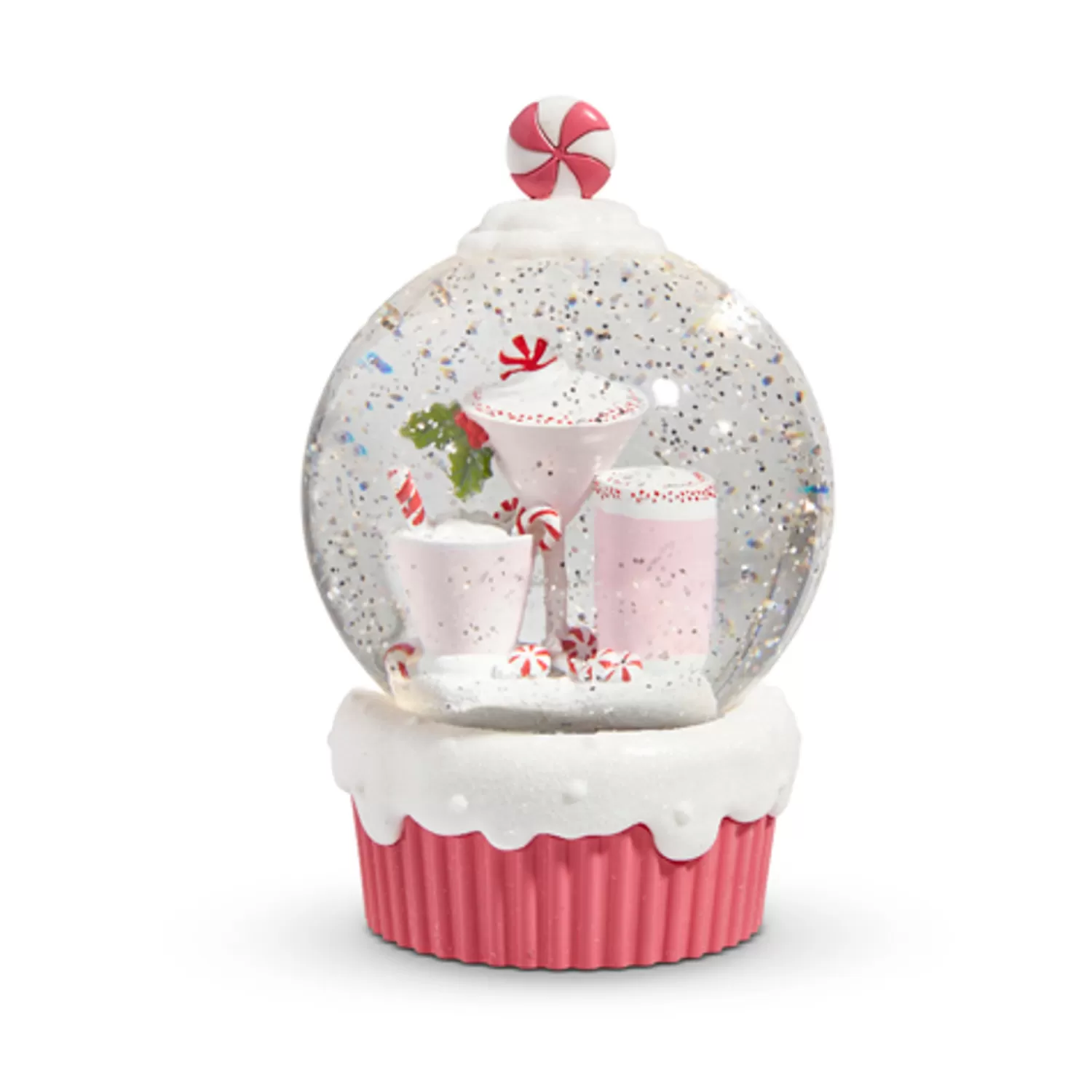 The Jolly Christmas Shop Jingle And Cocoa | A Blushing Holiday | Raz 5" Lighted Peppermint Cocktail Cupcake With Swirling Glitter Christmas Snow Globe 4400768