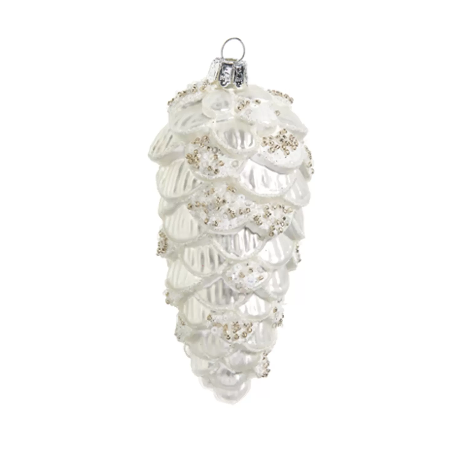 The Jolly Christmas Shop Snowflake Soiree | Glass Ornaments | Raz 5" Metallic White Pinecone Glass Christmas Ornament 4422893