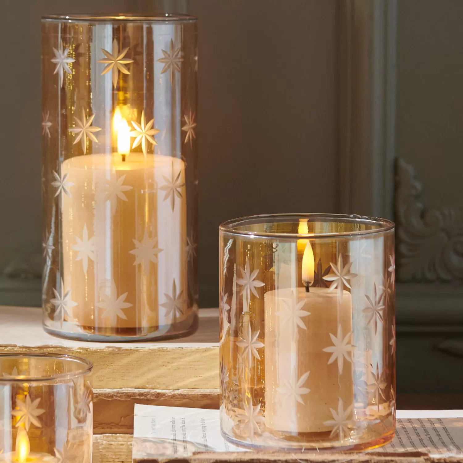 The Jolly Christmas Shop Oh Night Divine | Table Decorations | Raz 5" Or 8" Etched Gold Star Glass Christmas Candle Holder Or Container