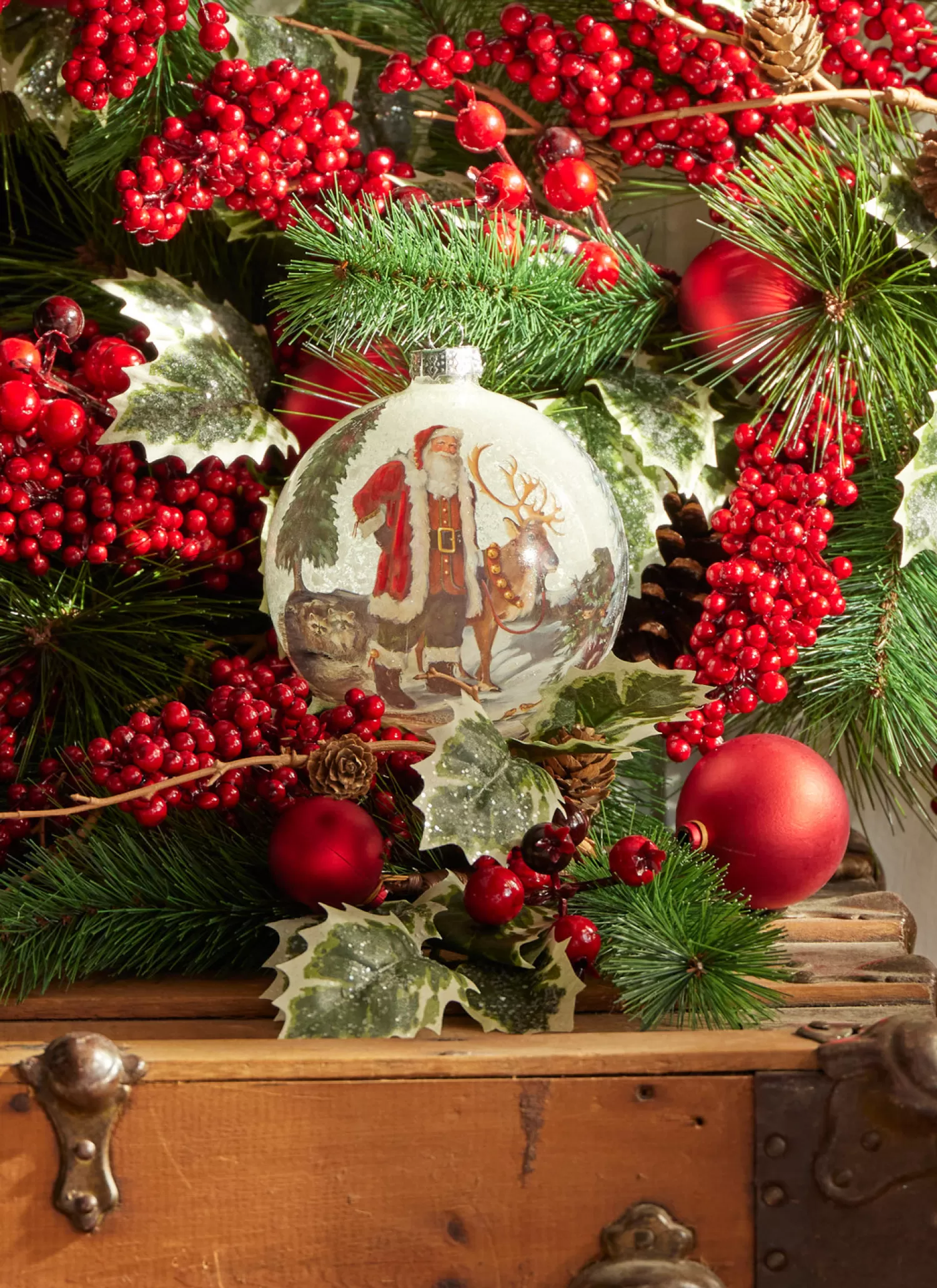 The Jolly Christmas Shop Sleigh Bells | Bells | Raz 5" Santa And Reindeer Portrait Glass Ball Christmas Ornament 4324618