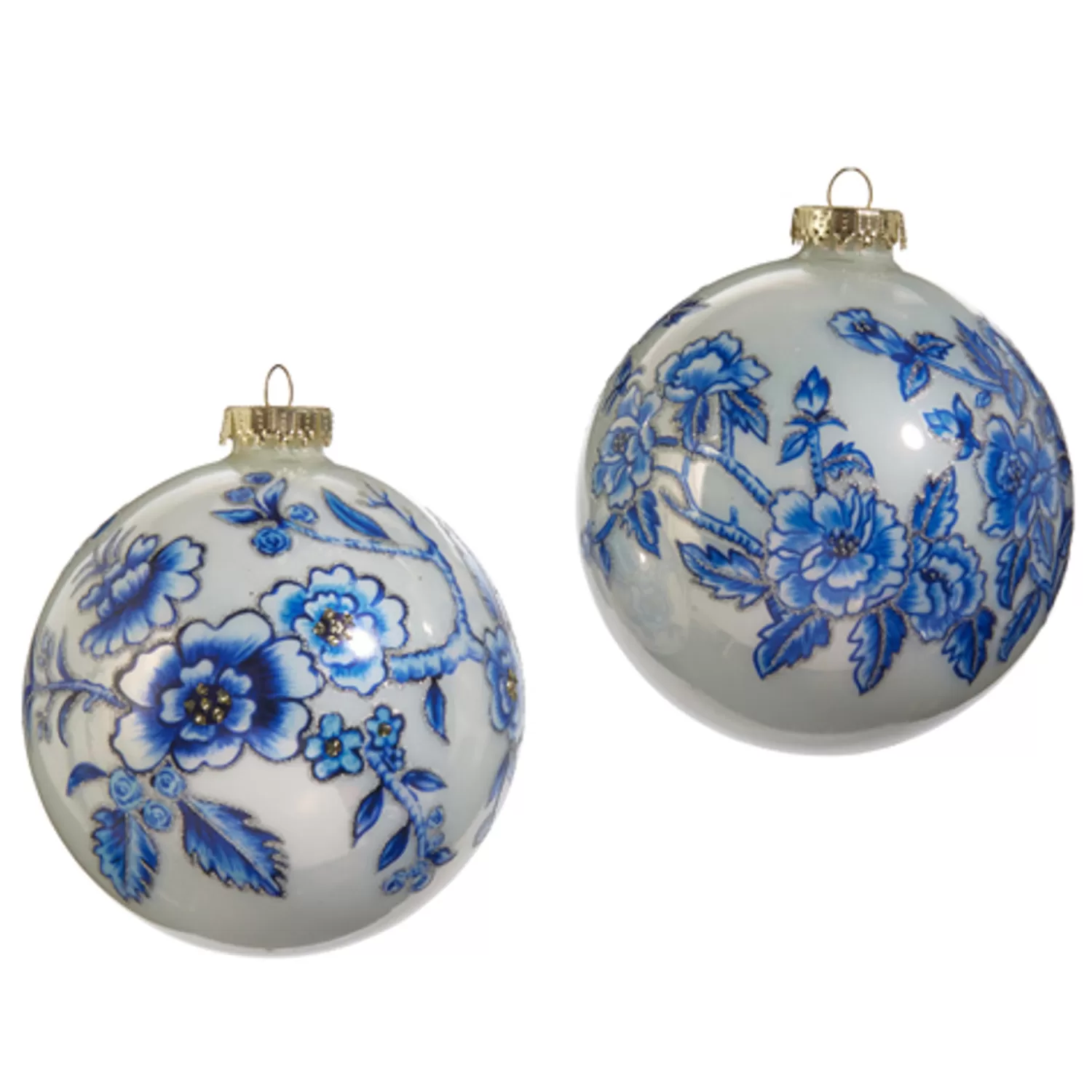 The Jolly Christmas Shop Tartan Traditions | Delft | Raz 5" Set Of 2 Blue Floral Delft Glass Ball Christmas Ornament 4452867