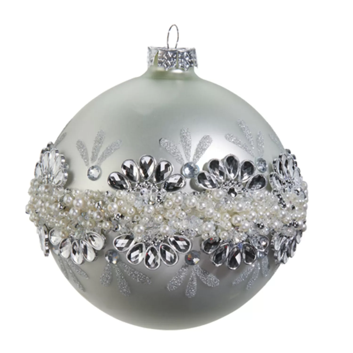 The Jolly Christmas Shop Snowflake Soiree | Elegant | Raz 5" Silver Jeweled And Pearl Glass Ball Christmas Ornament 4424508