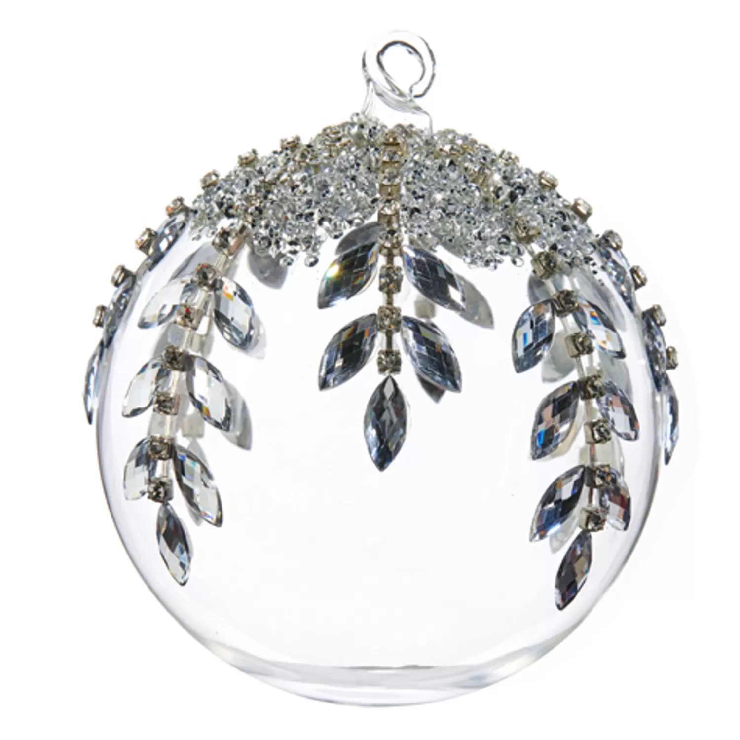 The Jolly Christmas Shop Snowflake Soiree | Snow Christmas Decorations | Raz 5" Silver Jeweled Clear Glass Ball Christmas Ornament 4424523
