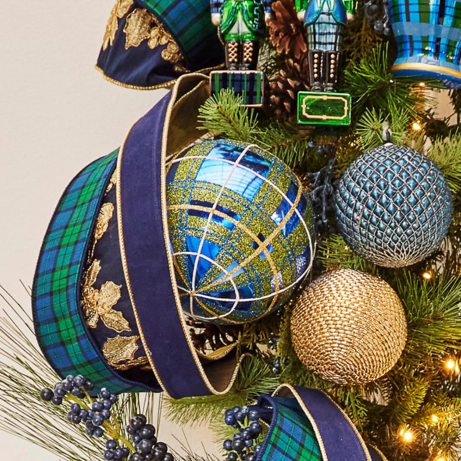 The Jolly Christmas Shop Tartan Traditions | Plaid | Raz 6" Blue And Green Plaid Glitter Ball Christmas Ornament 4432727