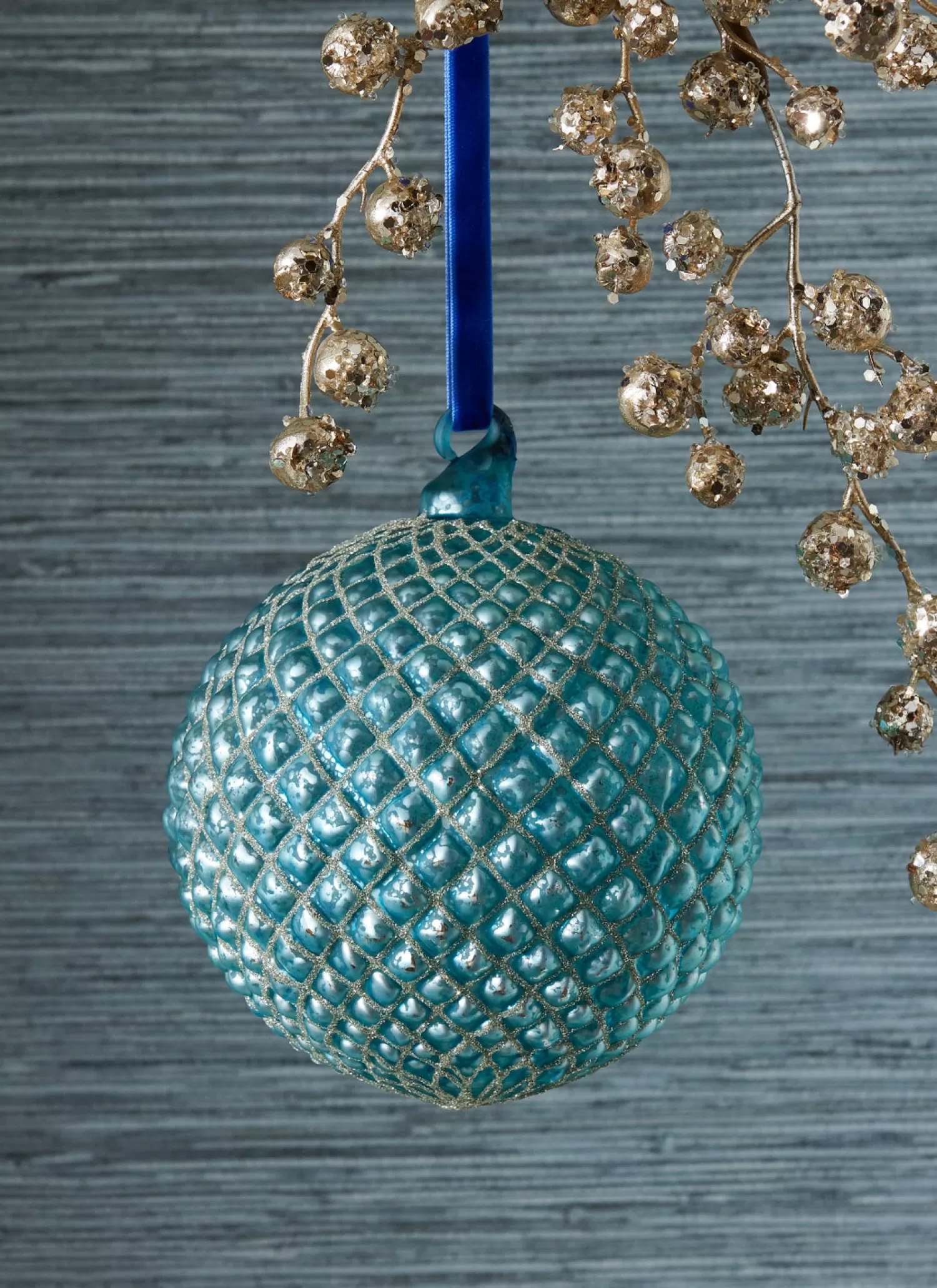 The Jolly Christmas Shop Sleigh Bells | Bells | Raz 6" Cerulean Blue Quilted Ball Glass Christmas Ornament 4322938
