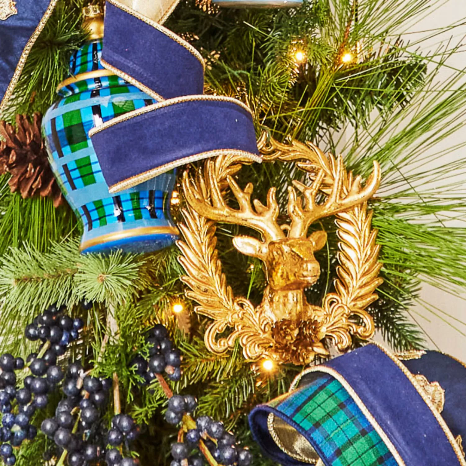 The Jolly Christmas Shop Tartan Traditions | Christmas Traditions | Raz 6" Gold Deer With Wreath Emblem Christmas Ornament 4438857