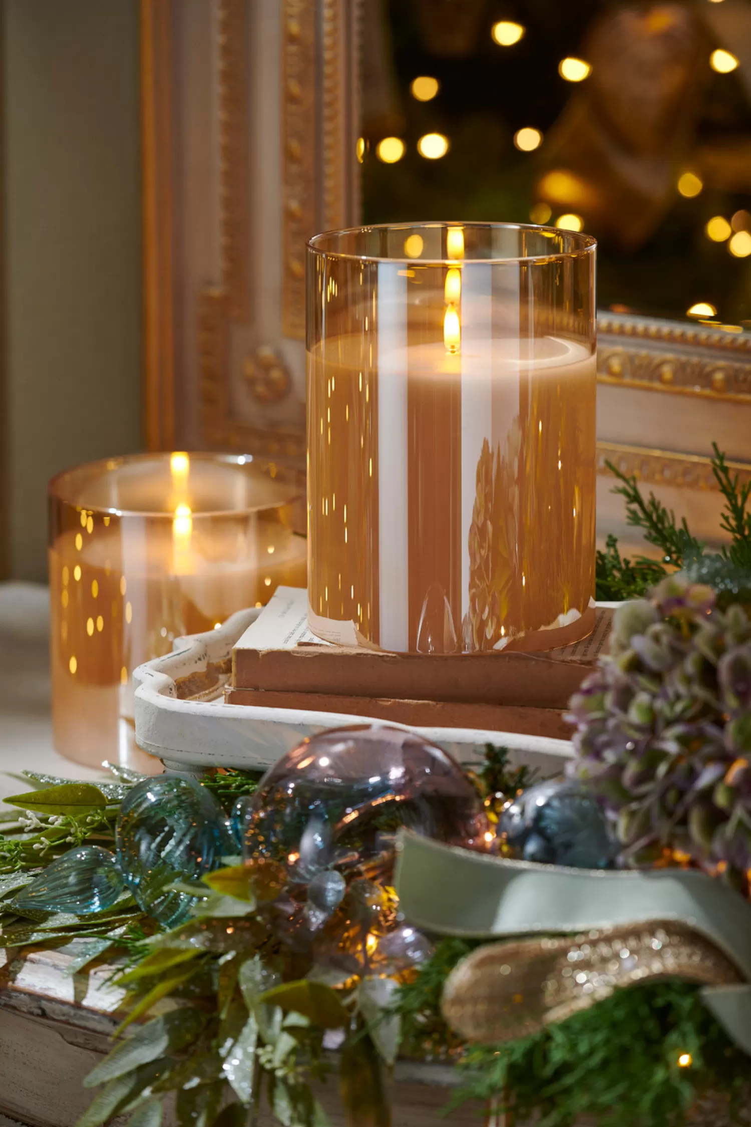 The Jolly Christmas Shop Fall Home Decor | Tartan Traditions | Raz 6" Pillar Battery Operated Flickering Candle In Gold Glass