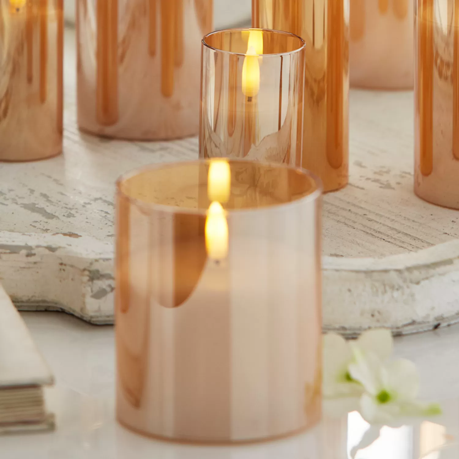 The Jolly Christmas Shop Fall Home Decor | Tartan Traditions | Raz 6" Pillar Battery Operated Flickering Candle In Gold Glass
