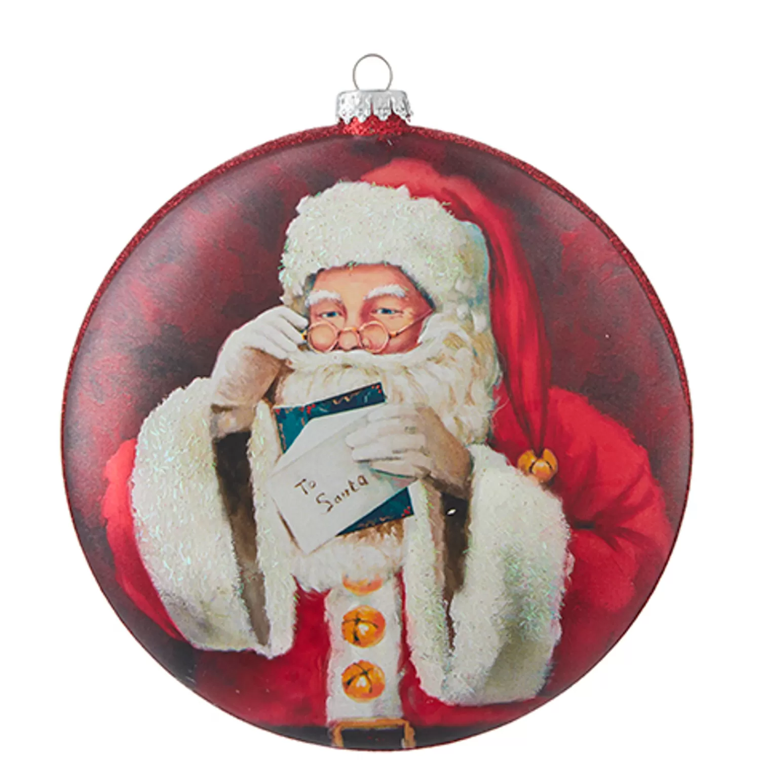 The Jolly Christmas Shop Sleigh Bells | Christmas Traditions | Raz 6" Santa Reading Letter Disc Glass Christmas Ornament 4252887