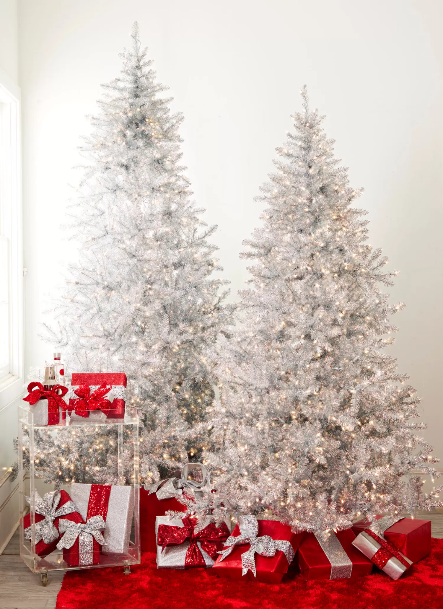 The Jolly Christmas Shop Vintage Farm House | Holiday Cheers | Raz 7.5' Or 9' Silver Tinsel Christmas Tree With Forever Lit Clear Lights