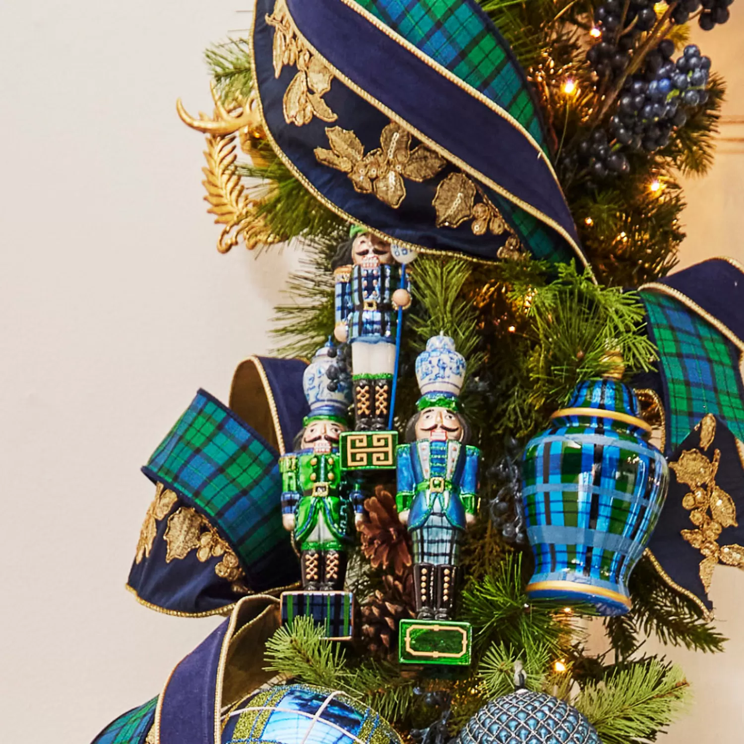 The Jolly Christmas Shop Tartan Traditions | Nutcracker Decorations | Raz 8" Black Watch Plaid And Delft Nutcracker Glass Christmas Ornaments Set Of 3 4452873