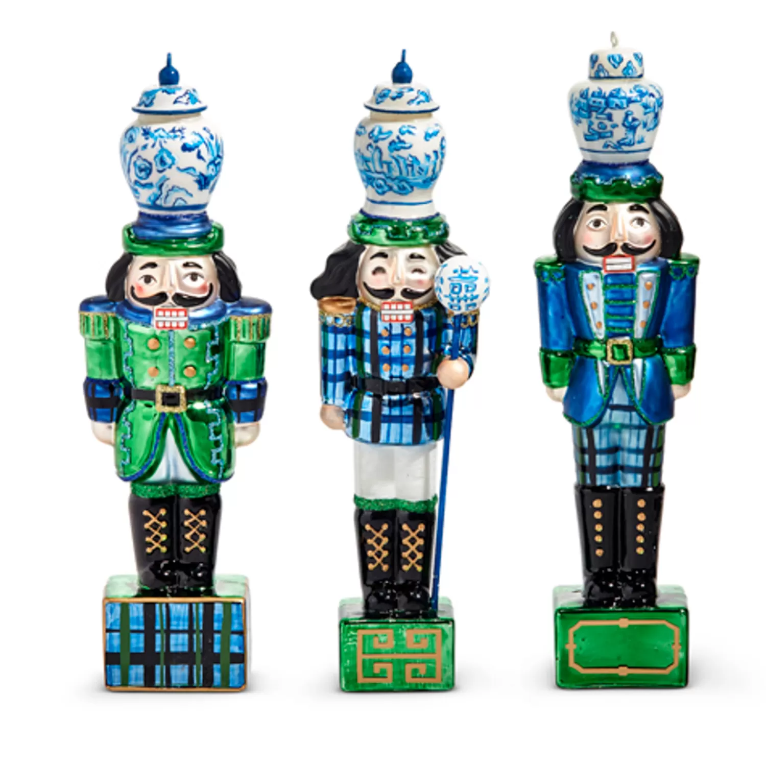 The Jolly Christmas Shop Tartan Traditions | Nutcracker Decorations | Raz 8" Black Watch Plaid And Delft Nutcracker Glass Christmas Ornaments Set Of 3 4452873