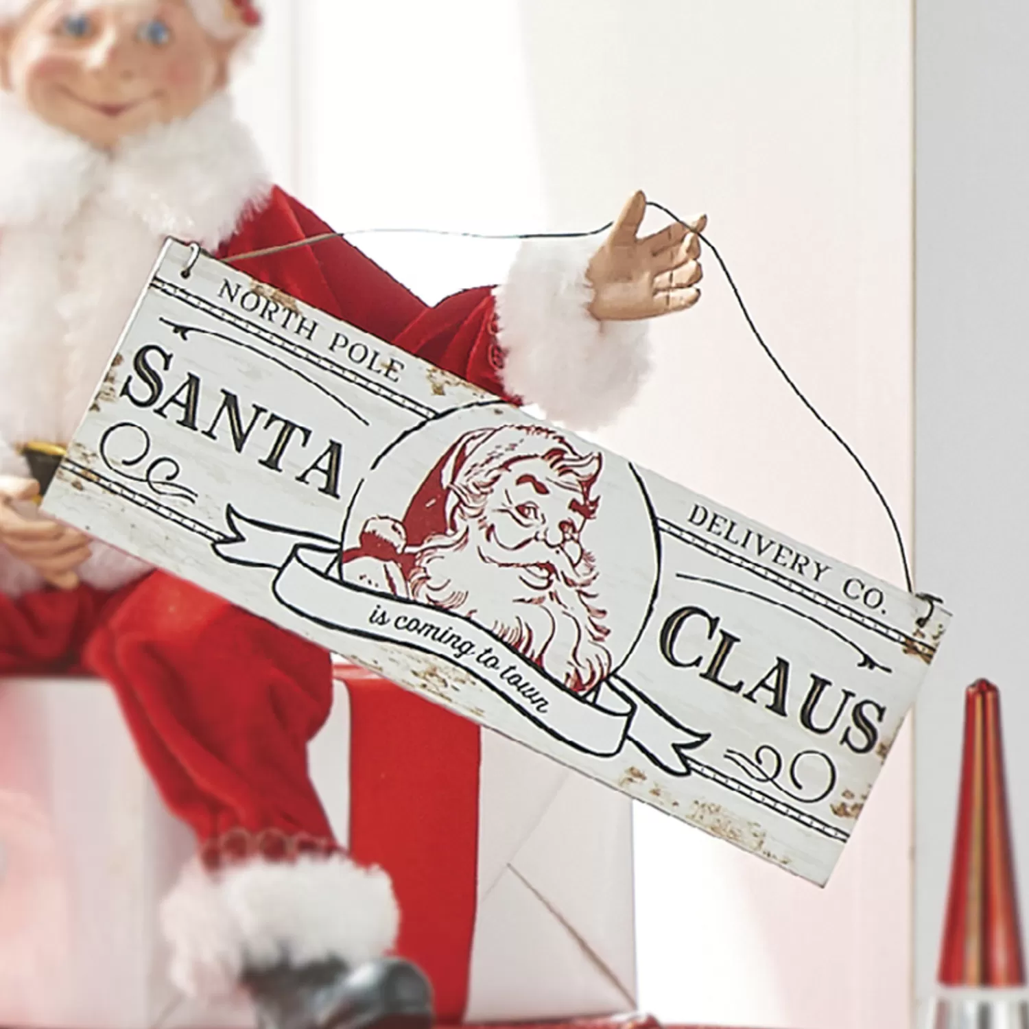 The Jolly Christmas Shop Sleigh Bells | Santa Christmas Decorations | Raz 8" Santa Claus Hanging Christmas Ornament Sign 4116170