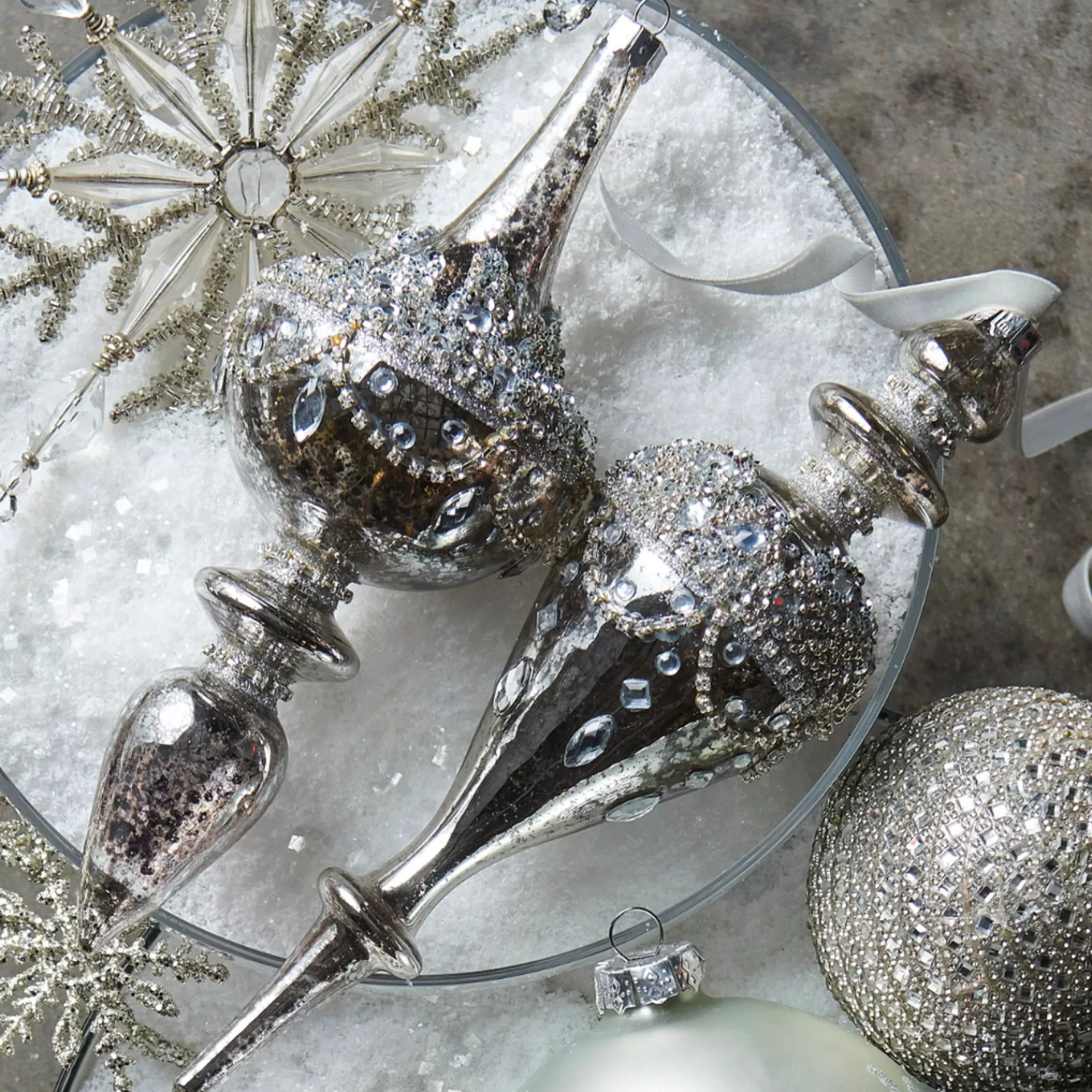 The Jolly Christmas Shop Snowflake Soiree | Elegant | Raz 9.5" Jeweled Mercury Finial Glass Christmas Ornament 4422853