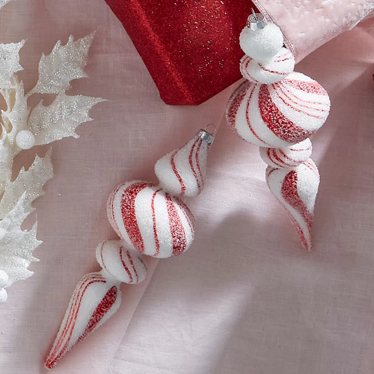 The Jolly Christmas Shop Sleigh Bells | Bells | Raz 9.5" Large Red & White Peppermint Striped Finial Glass Christmas Ornament 4322832