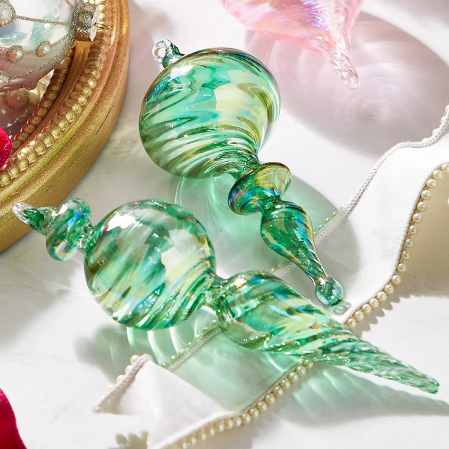 The Jolly Christmas Shop Sleigh Bells | Bells | Raz 9" Green Blown Finial Glass Christmas Ornament 4324515