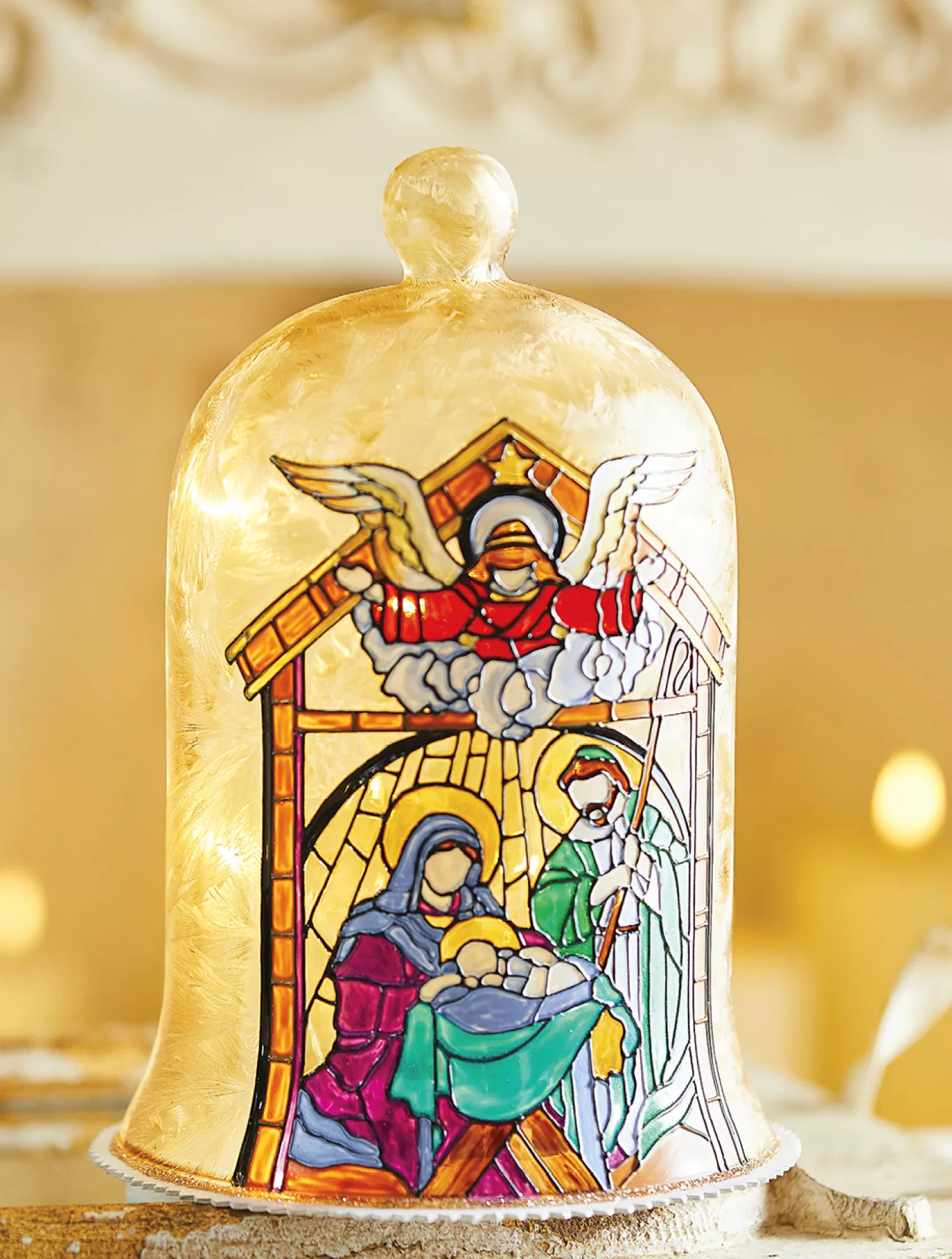 The Jolly Christmas Shop Oh Night Divine | Religious | Raz 9" Holy Family Faux Stained Glass Lighted Cloche Christmas Decoration 4116345