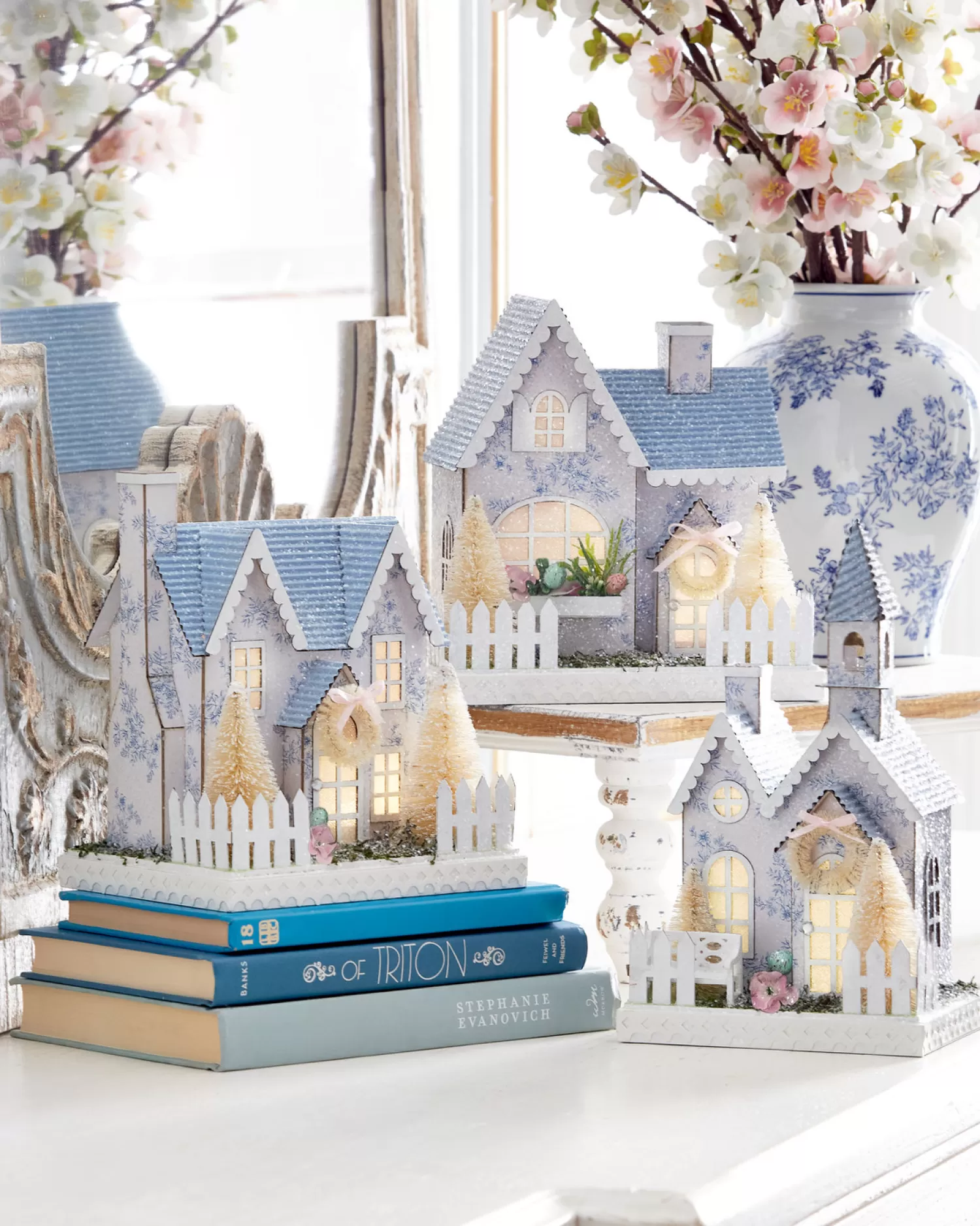 The Jolly Christmas Shop Figurines | Raz Lighted White With Blue Delft Floral Easter House Or Church