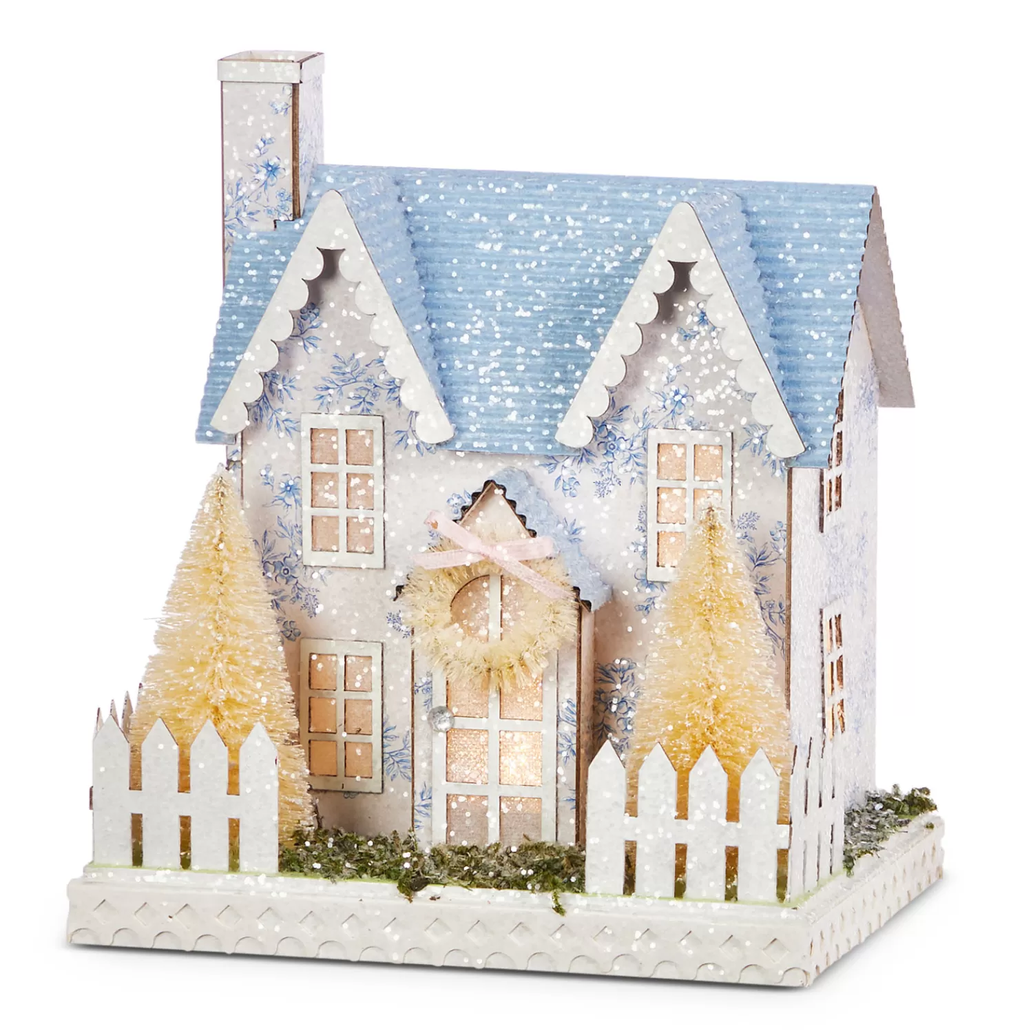 The Jolly Christmas Shop Figurines | Raz Lighted White With Blue Delft Floral Easter House Or Church