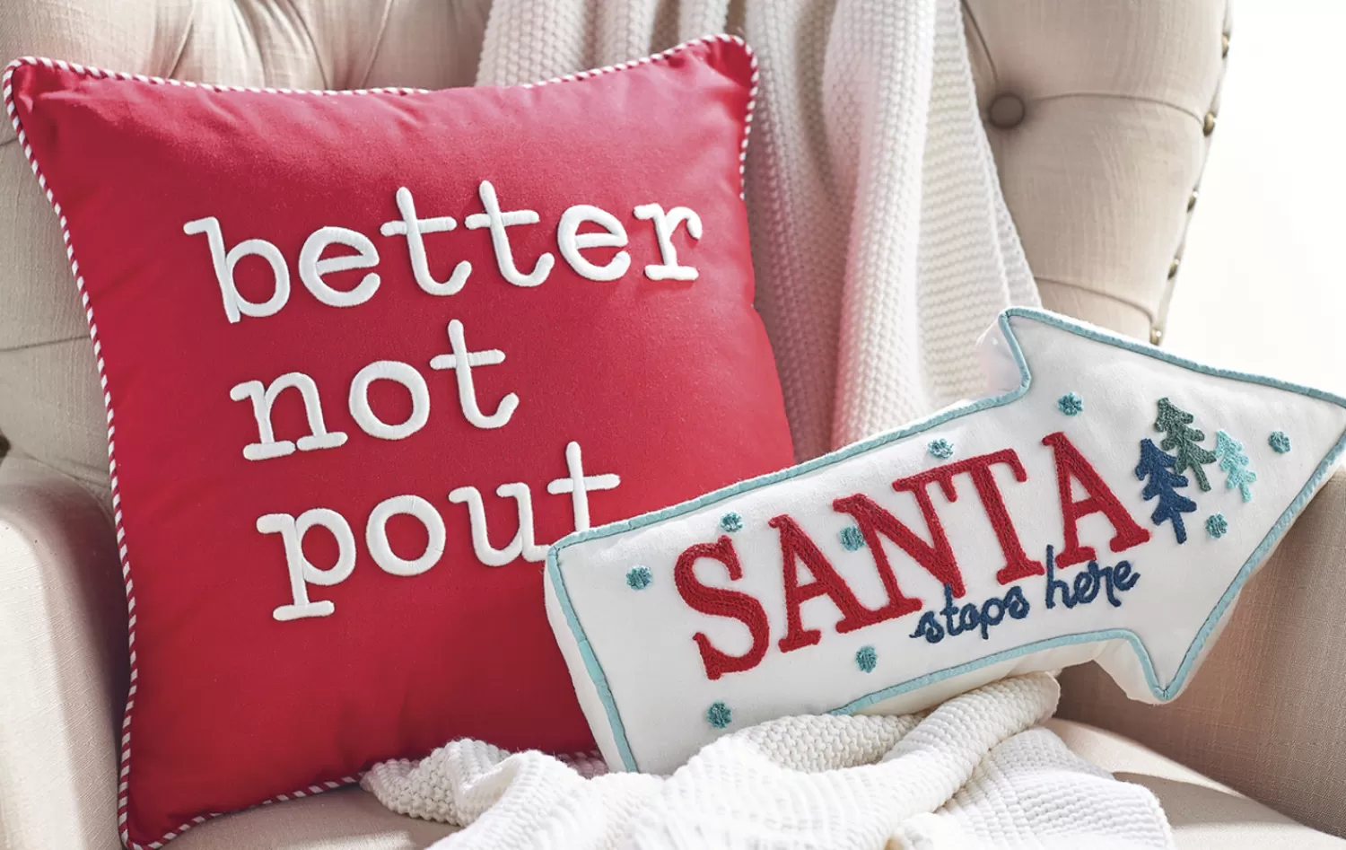 The Jolly Christmas Shop Vintage Farm House | Snow Christmas Decorations | Raz Better Not Pout Or Santa Stops Here Christmas Pillow