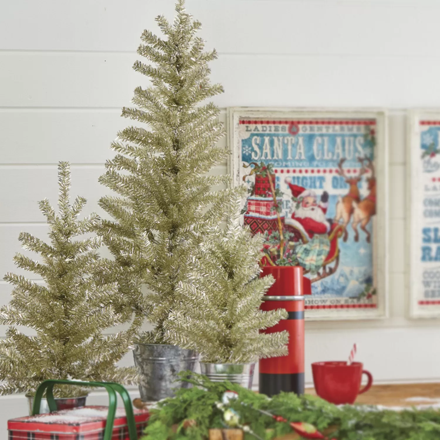 The Jolly Christmas Shop Trees, Wreaths & Garlands | Vintage Reincarnated | Raz Champagne Tinsel Tree In Galvanized Bucket Christmas Decoration