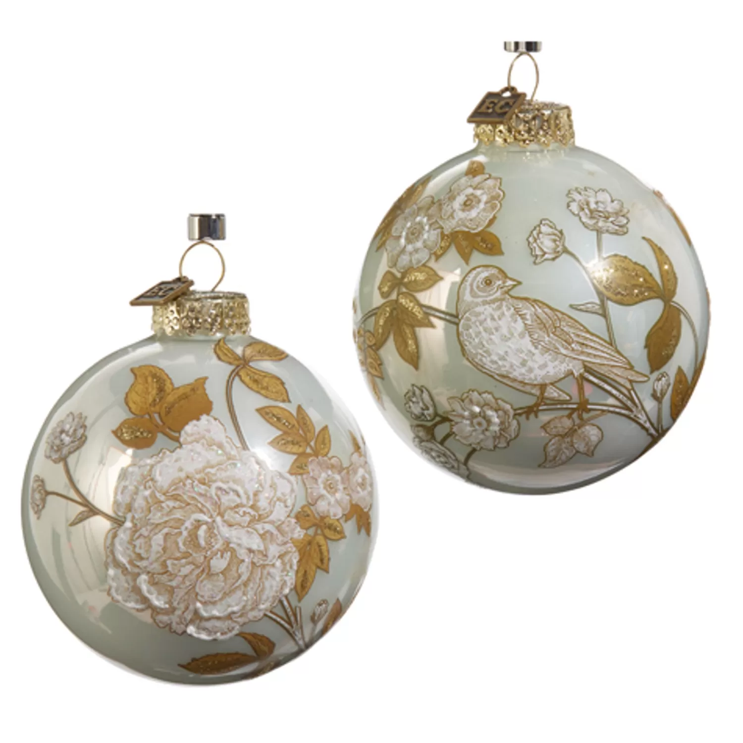 The Jolly Christmas Shop Eric Cortina | Woodland Wonder | Raz Eric Cortina 3.5" Ivory And Gold Flora And Fauna Ball Glass Christmas Ornament 4453144