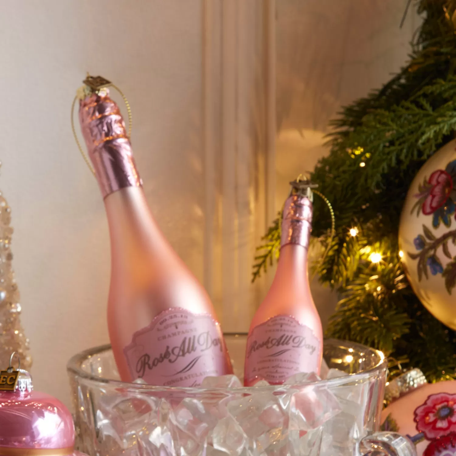 The Jolly Christmas Shop Eric Cortina | A Blushing Holiday | Raz Eric Cortina 5.75" Or 8.25" Congratulations Pink Champagne Glass Christmas Ornament