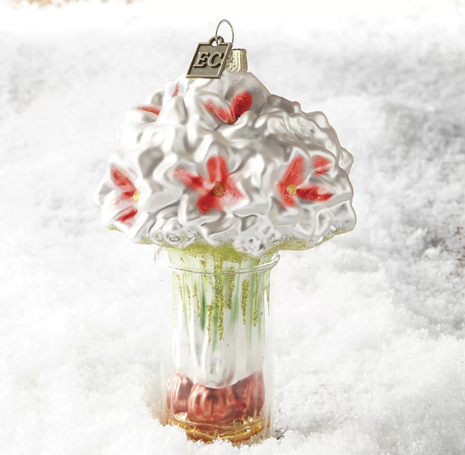 The Jolly Christmas Shop Eric Cortina | Classic Carols | Raz Eric Cortina 5" White Amaryllis In Vase Glass Christmas Ornament 4053126