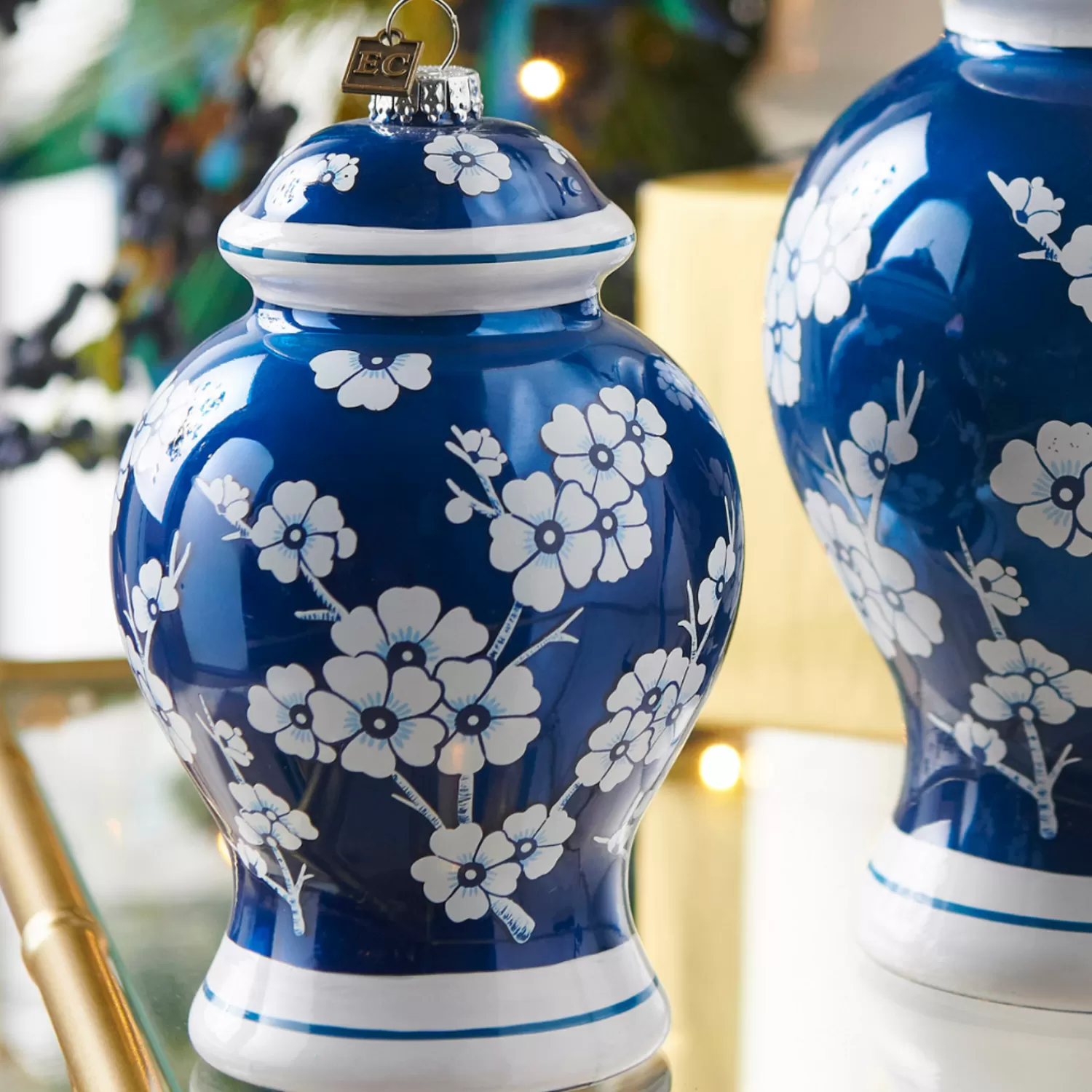 The Jolly Christmas Shop Eric Cortina | Tartan Traditions | Raz Eric Cortina 8" Large Blue Ginger Jar Glass Christmas 4453181