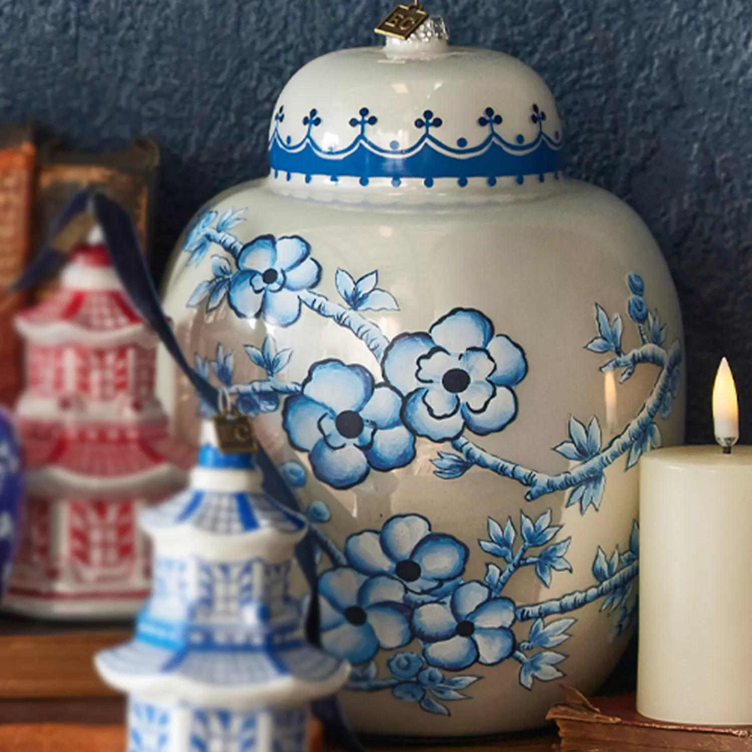 The Jolly Christmas Shop Eric Cortina | Glass Ornaments | Raz Eric Cortina Large 8" Blue And White Ginger Jar Glass Christmas Ornament 4353144