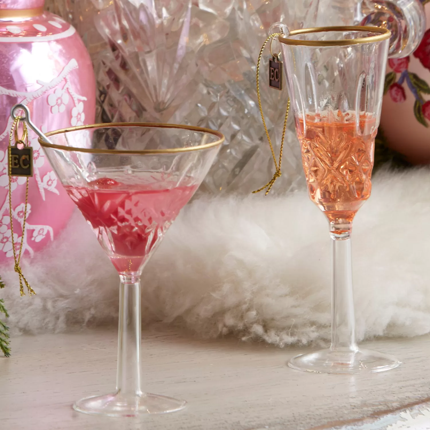 The Jolly Christmas Shop Eric Cortina | A Blushing Holiday | Raz Eric Cortina Pink Martini Or Champagne Glass Christmas Ornament
