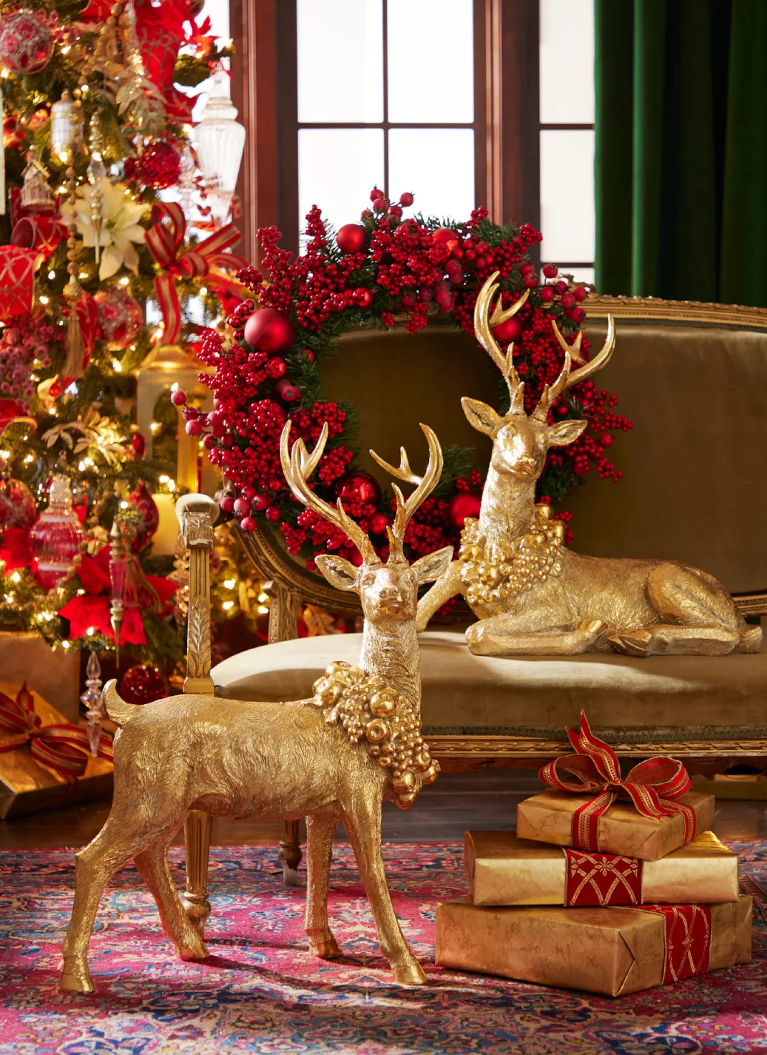 The Jolly Christmas Shop O Tannebaun | Tartan Traditions | Raz Gold Large Laying Or Standing Deer With Wreath Christmas Decoration
