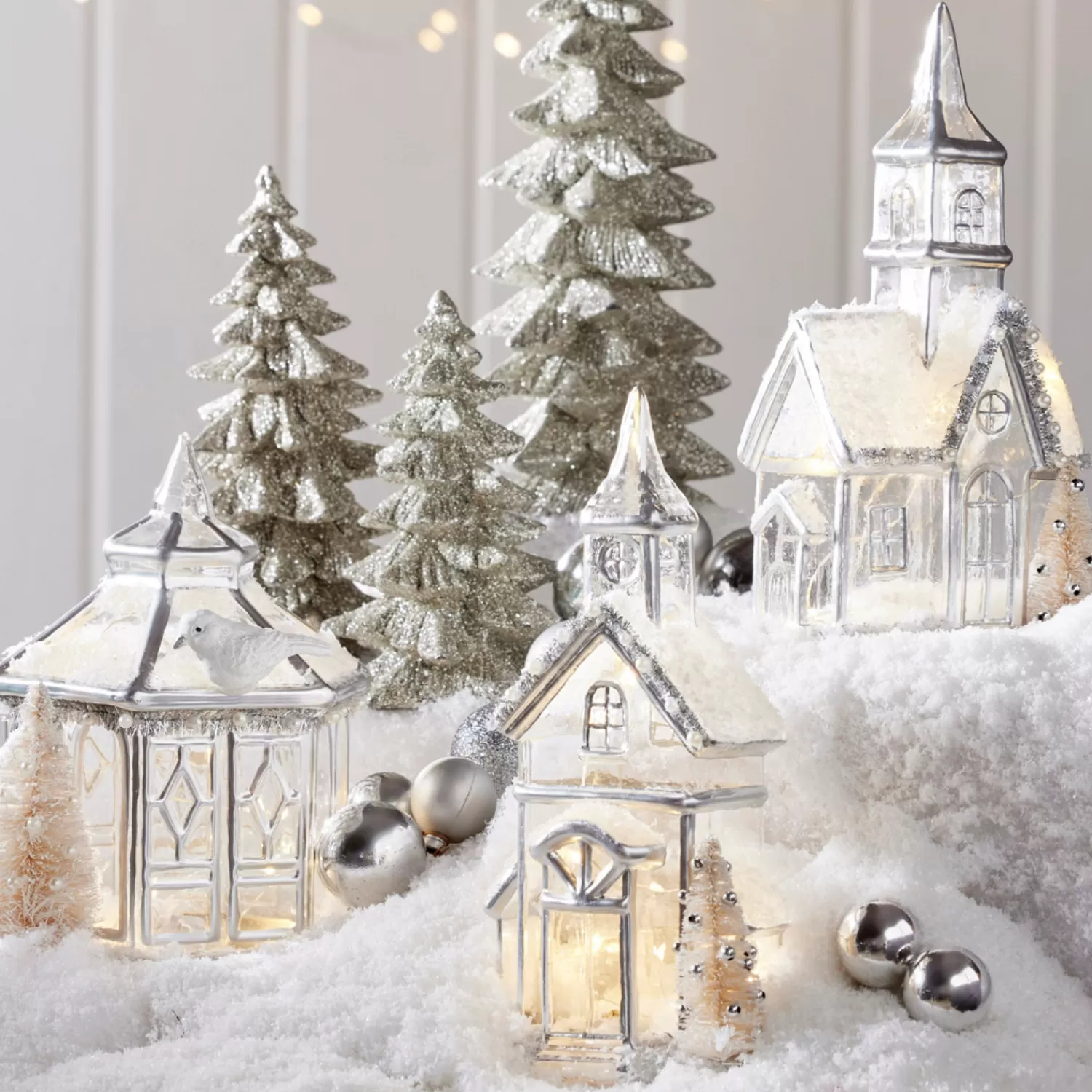 The Jolly Christmas Shop Snowflake Soiree | Snow Christmas Decorations | Raz Lighted Silver Church Or Pagoda Glass Christmas House Decoration