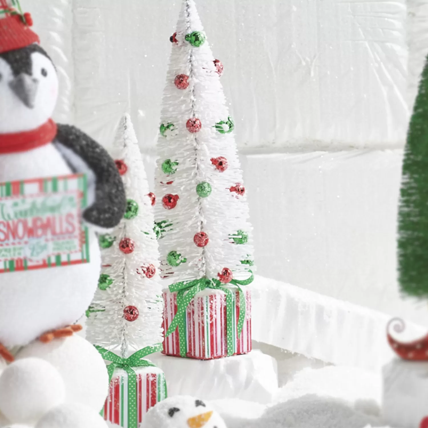 The Jolly Christmas Shop The Candy Shop | Candy And Food | Raz Set Of 2 18" Bottle Brush Tree With Ornaments On Present Pedestal Christmas Figures 4215545