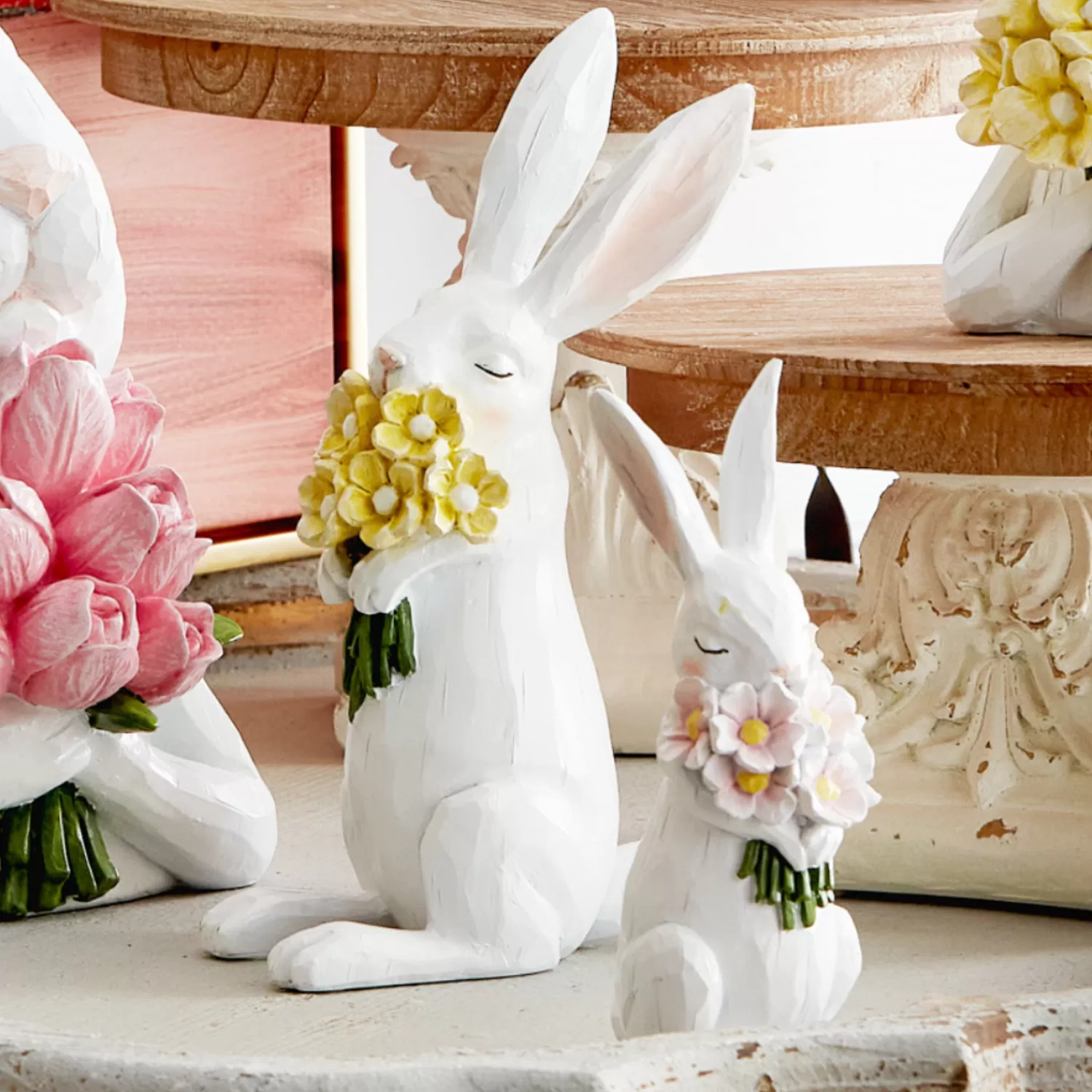 The Jolly Christmas Shop Figurines | Raz Set Of 2 Bunnies With Flowers Spring Decoration 4411159
