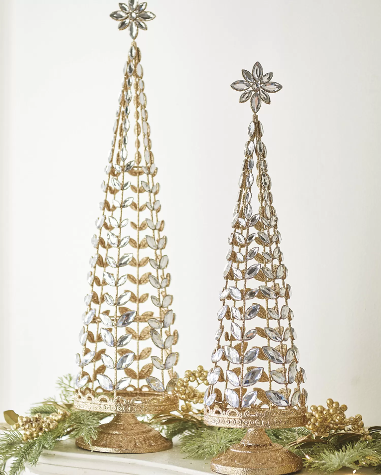 The Jolly Christmas Shop Snowflake Soiree | Elegant | Raz Set Of 2 Crystal Jeweled Tree With Gold Glitter Christmas Decoration 4213523