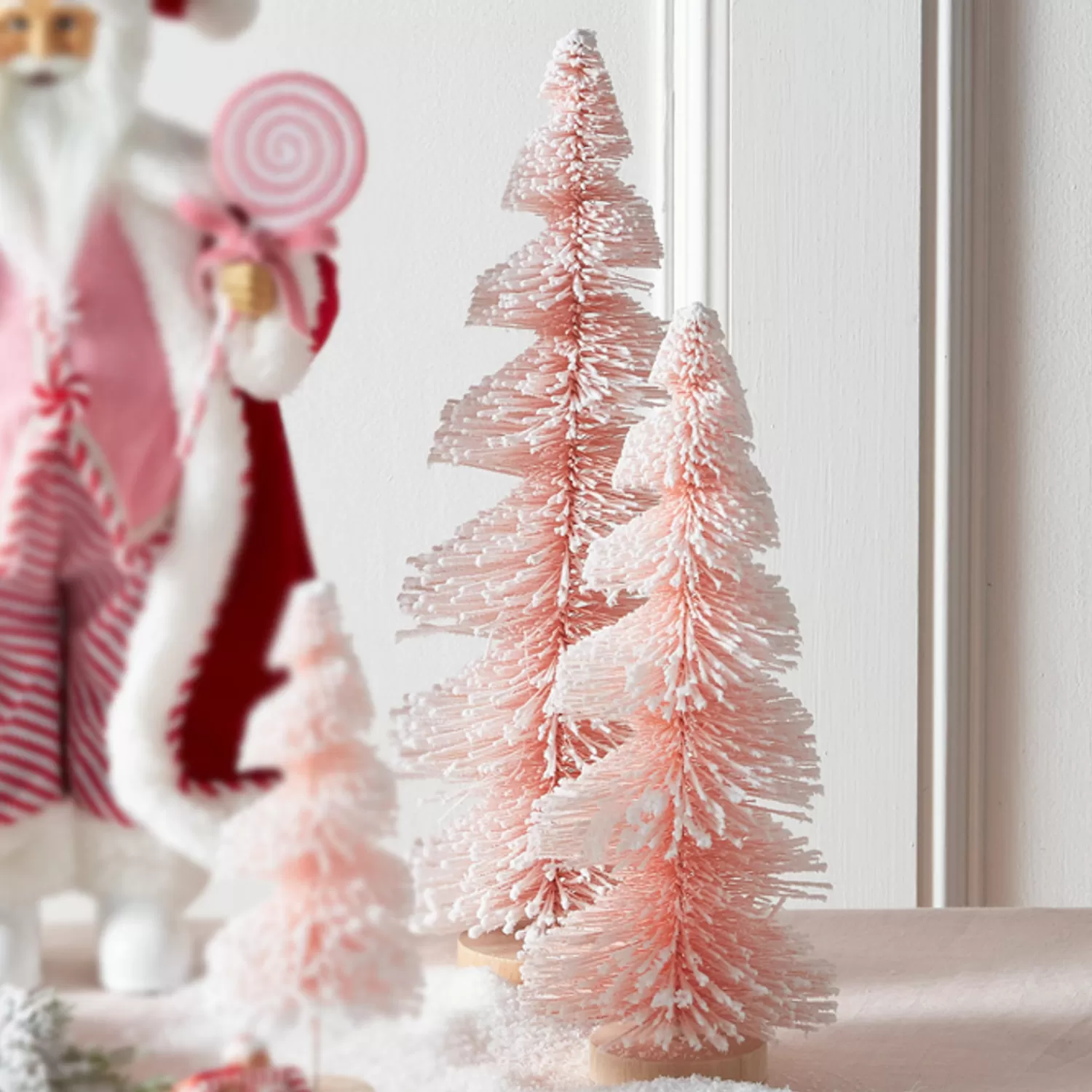 The Jolly Christmas Shop Valentines Day | Figurines | Raz Set Of 2 Pink Snowy Bottle Brush Christmas Trees 4316058