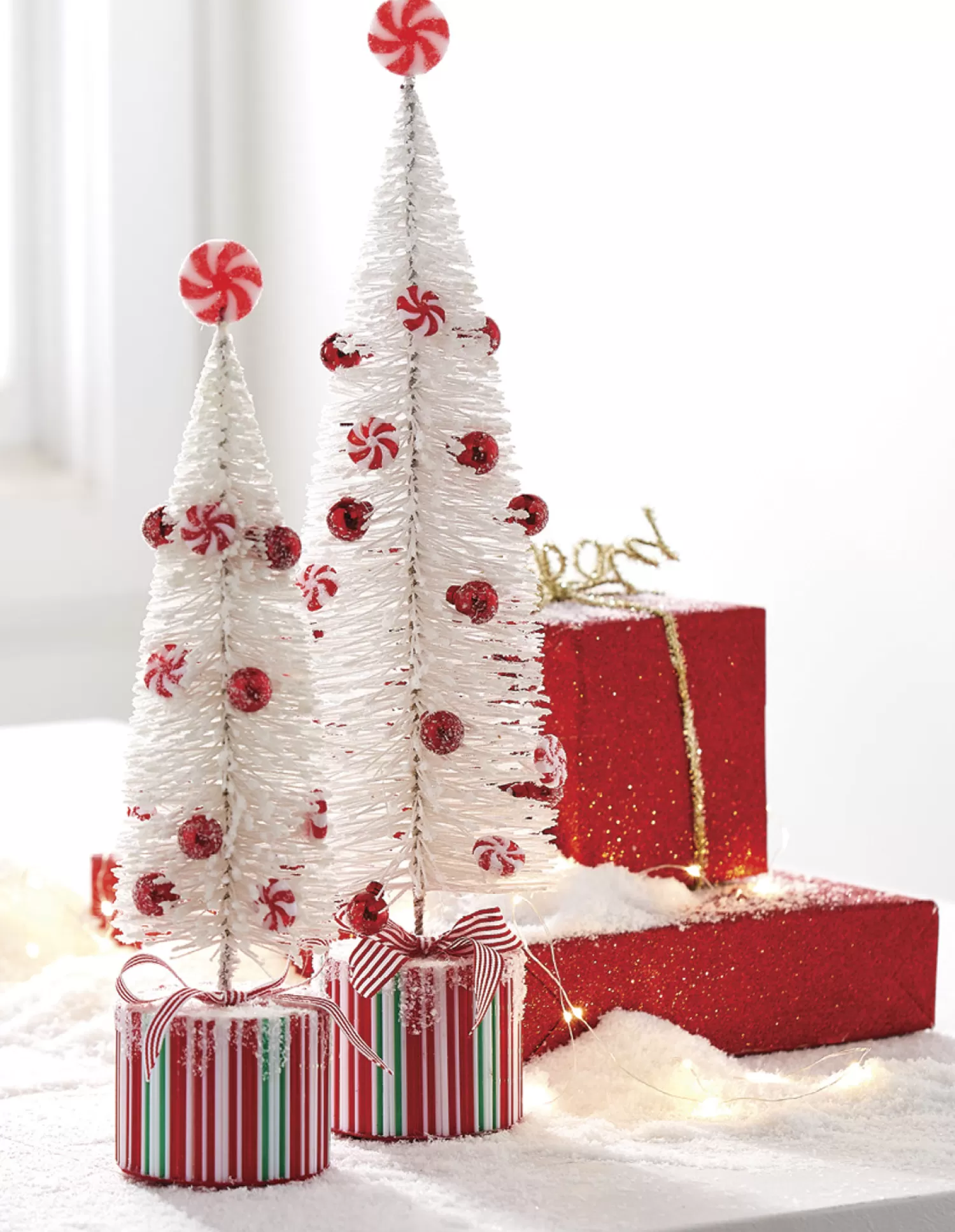 The Jolly Christmas Shop The Candy Shop | Candy And Food | Raz Set Of 2 White Peppermint Bottle Brush Tree On Presents Christmas Figure 4215546