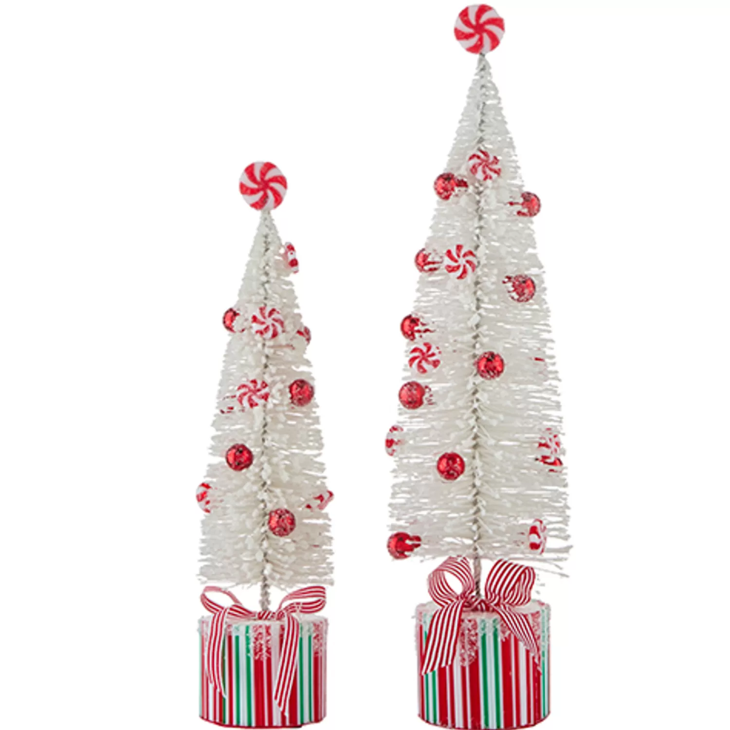 The Jolly Christmas Shop The Candy Shop | Candy And Food | Raz Set Of 2 White Peppermint Bottle Brush Tree On Presents Christmas Figure 4215546