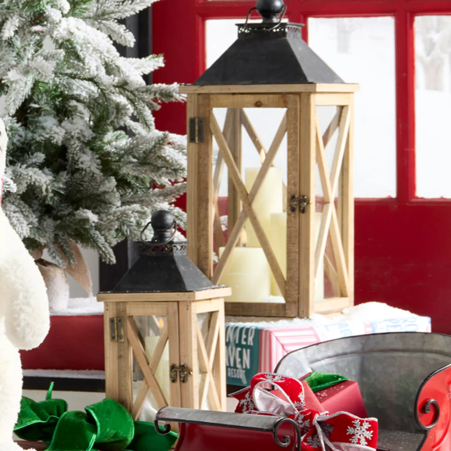 The Jolly Christmas Shop Figurines | Dashing Through The Snow | Raz Set Of 2 Wood And Metal Christmas Lantern 4337902