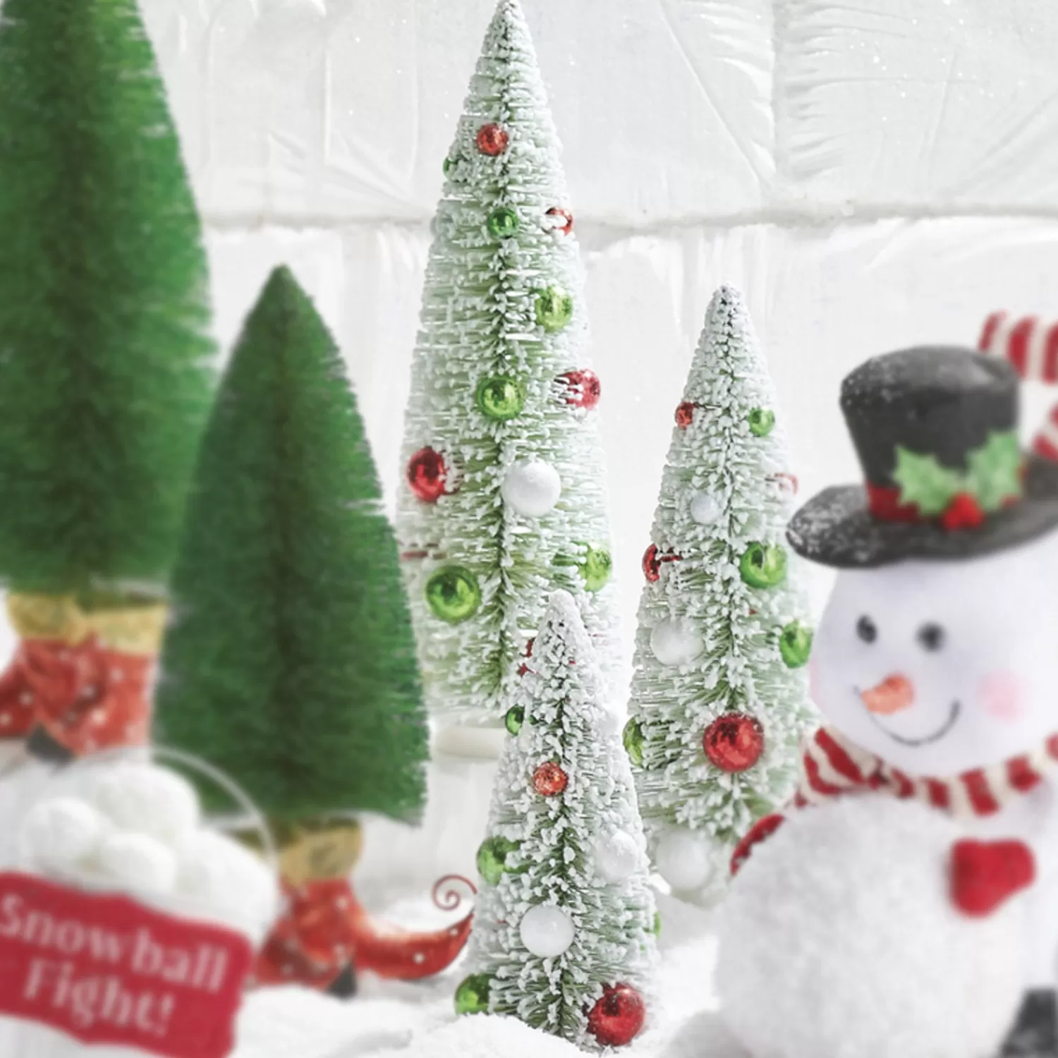The Jolly Christmas Shop Snowflake Soiree | Houses And Accessories·Trees | Raz Set Of 3 Frosted Bottle Brush Trees With Ornaments Christmas Decoration 4215566