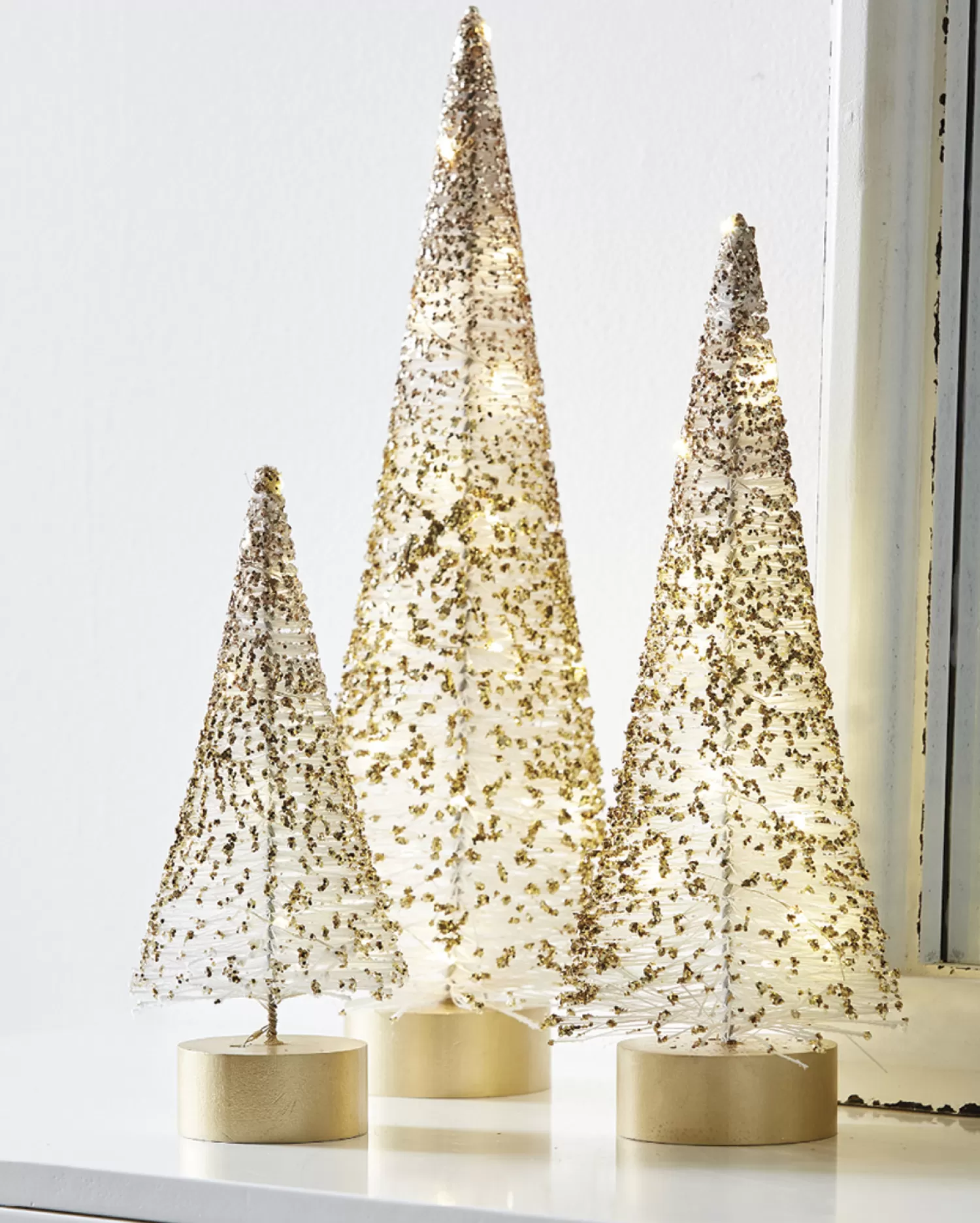 The Jolly Christmas Shop Snowflake Soiree | Champagne Wishes | Raz Set Of 3 Lighted White Bottle Brush Trees With Gold Glitter 4215506