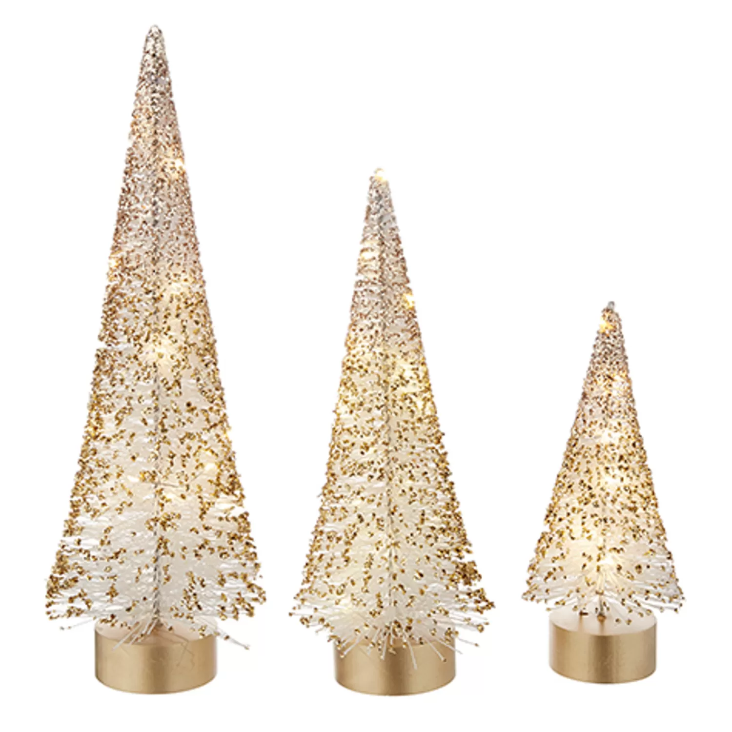 The Jolly Christmas Shop Snowflake Soiree | Champagne Wishes | Raz Set Of 3 Lighted White Bottle Brush Trees With Gold Glitter 4215506