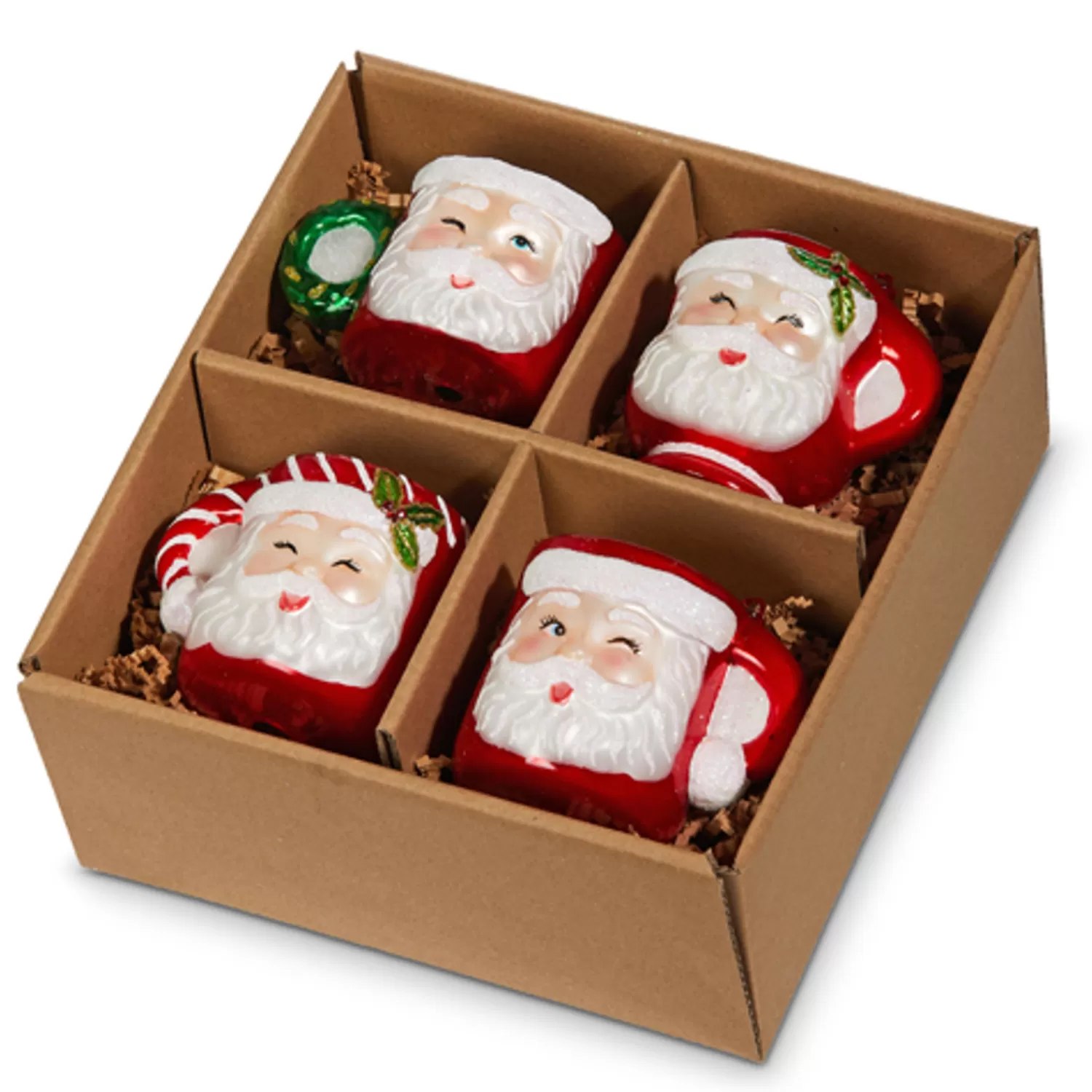 The Jolly Christmas Shop Sleigh Bells | Bells | Raz Set Of 4 Boxed Santa Mug Glass Christmas Ornament 4352887