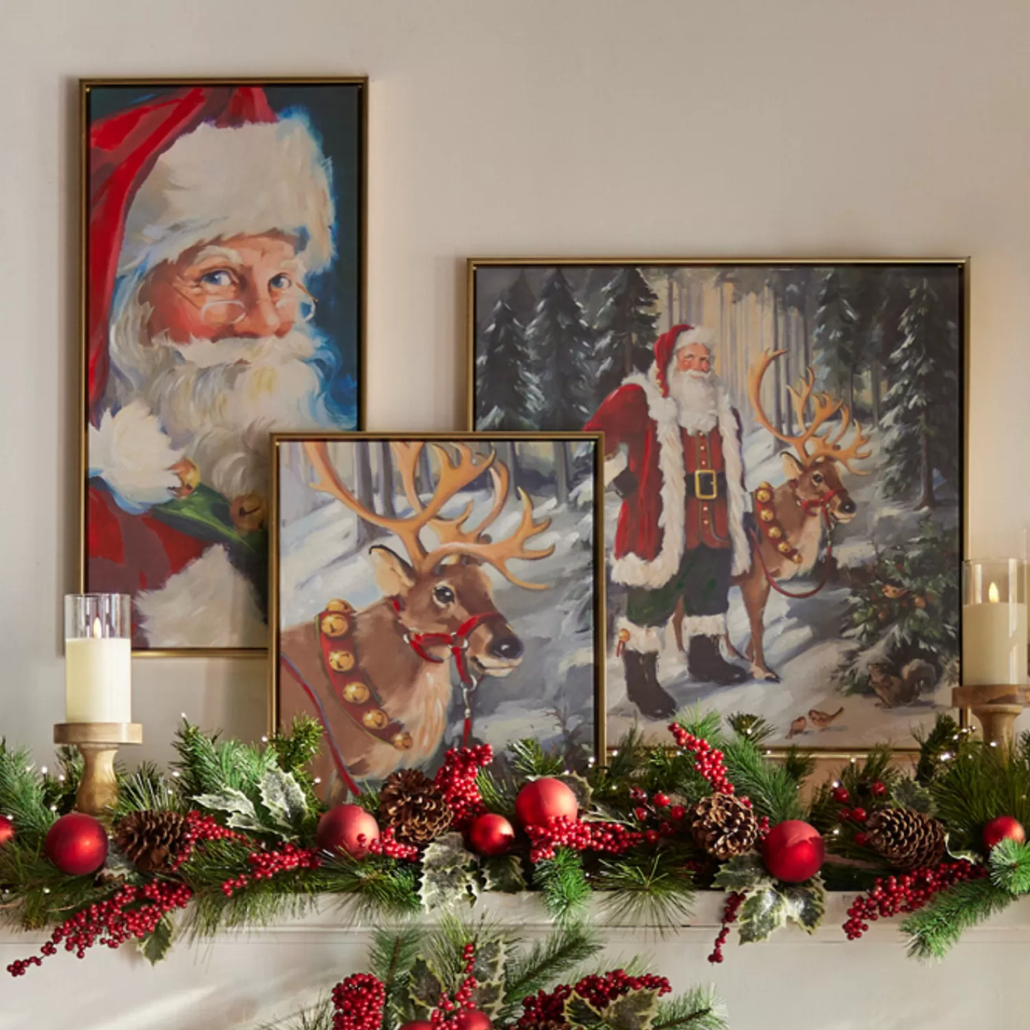 The Jolly Christmas Shop Sleigh Bells | Traditional Christmas Decorations | Raz Woodland Santa And Reindeer Textured Frame Christmas Wall Art