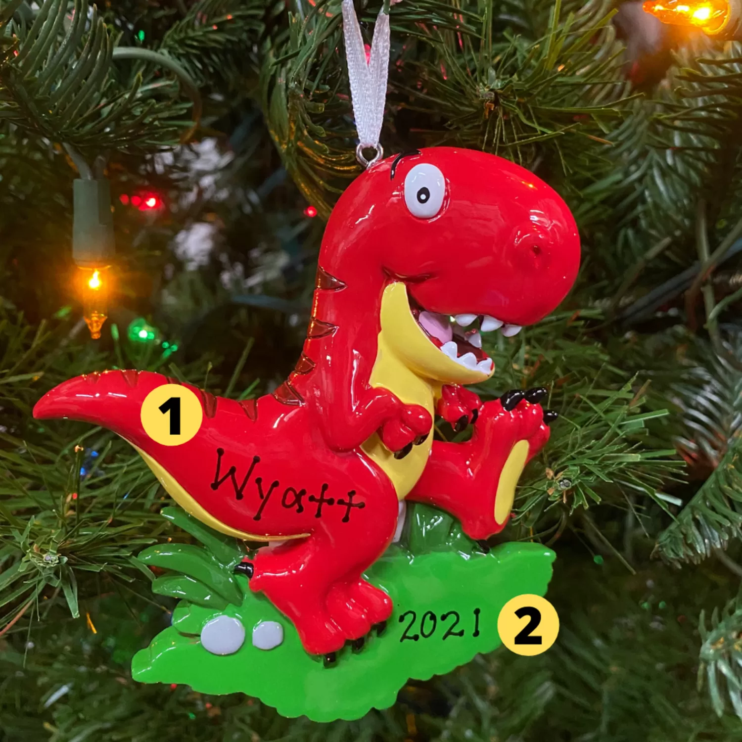 The Jolly Christmas Shop Personalized Ornaments·Misc. | Animals·Wildlife | Red T-Rex Dinosaur Personalized Christmas Ornament OR816-A